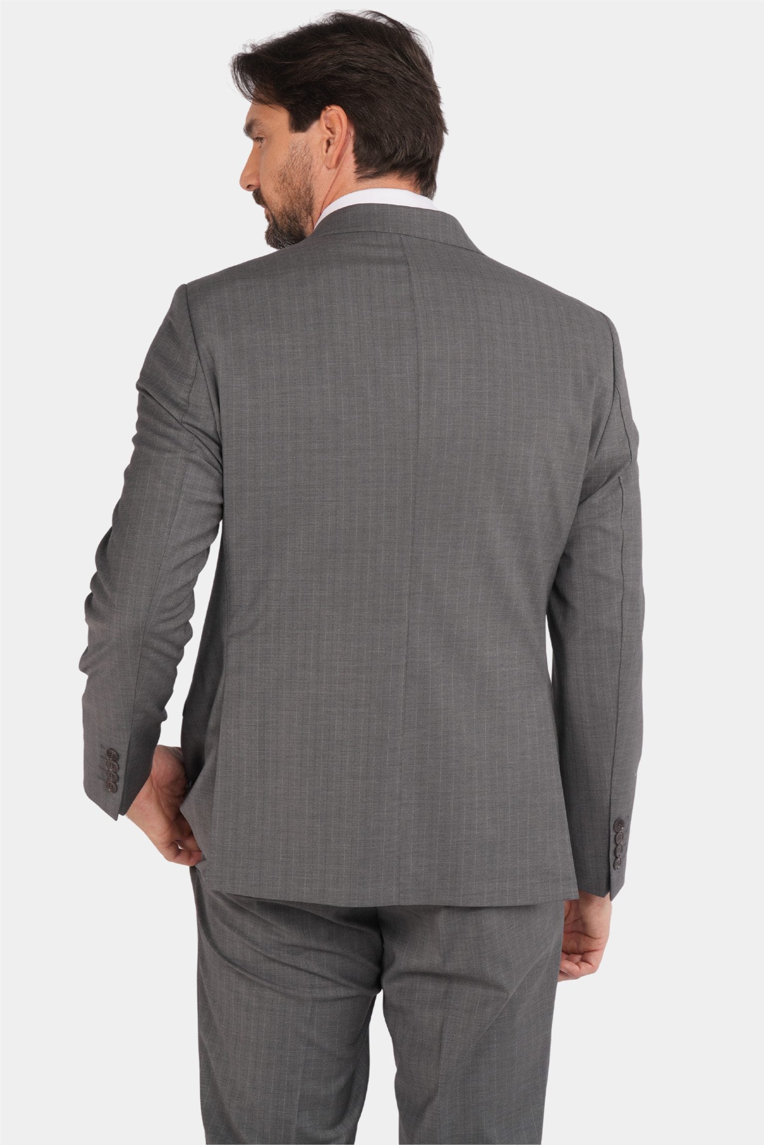 Grauer Slim Fit Zweireiher Anzug aus Wolle