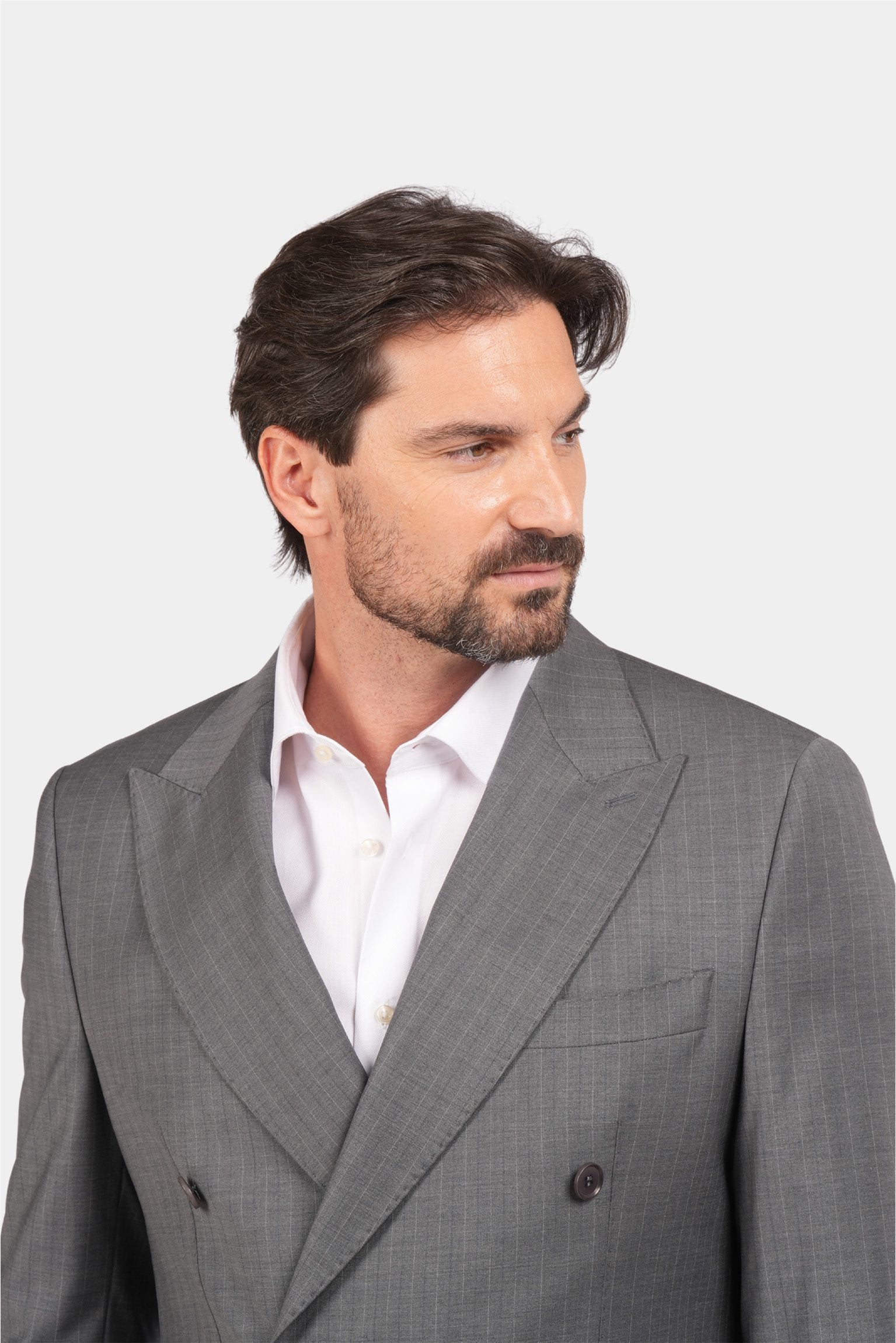 Grauer Slim Fit Zweireiher Anzug aus Wolle