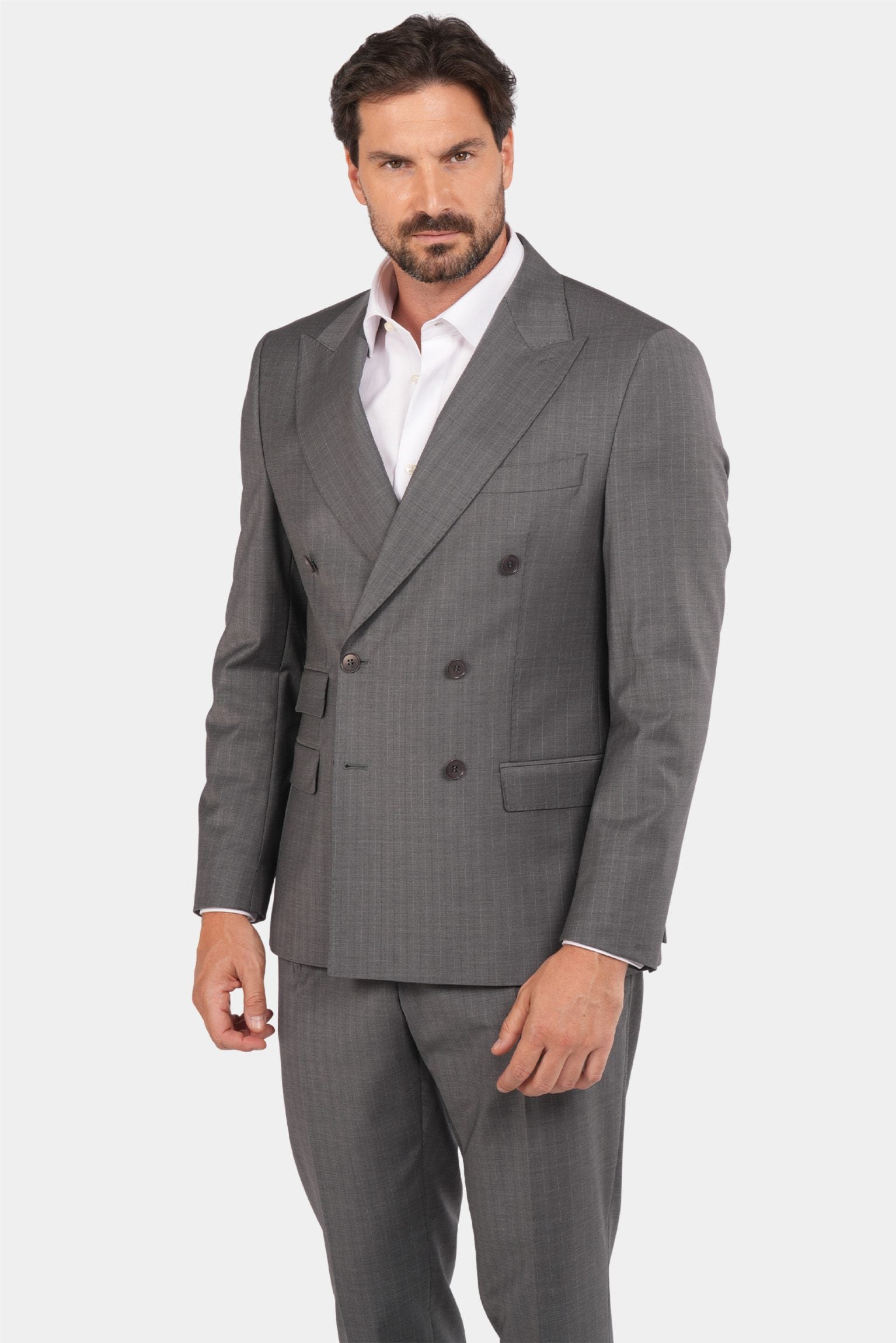 Grauer Slim Fit Zweireiher Anzug aus Wolle