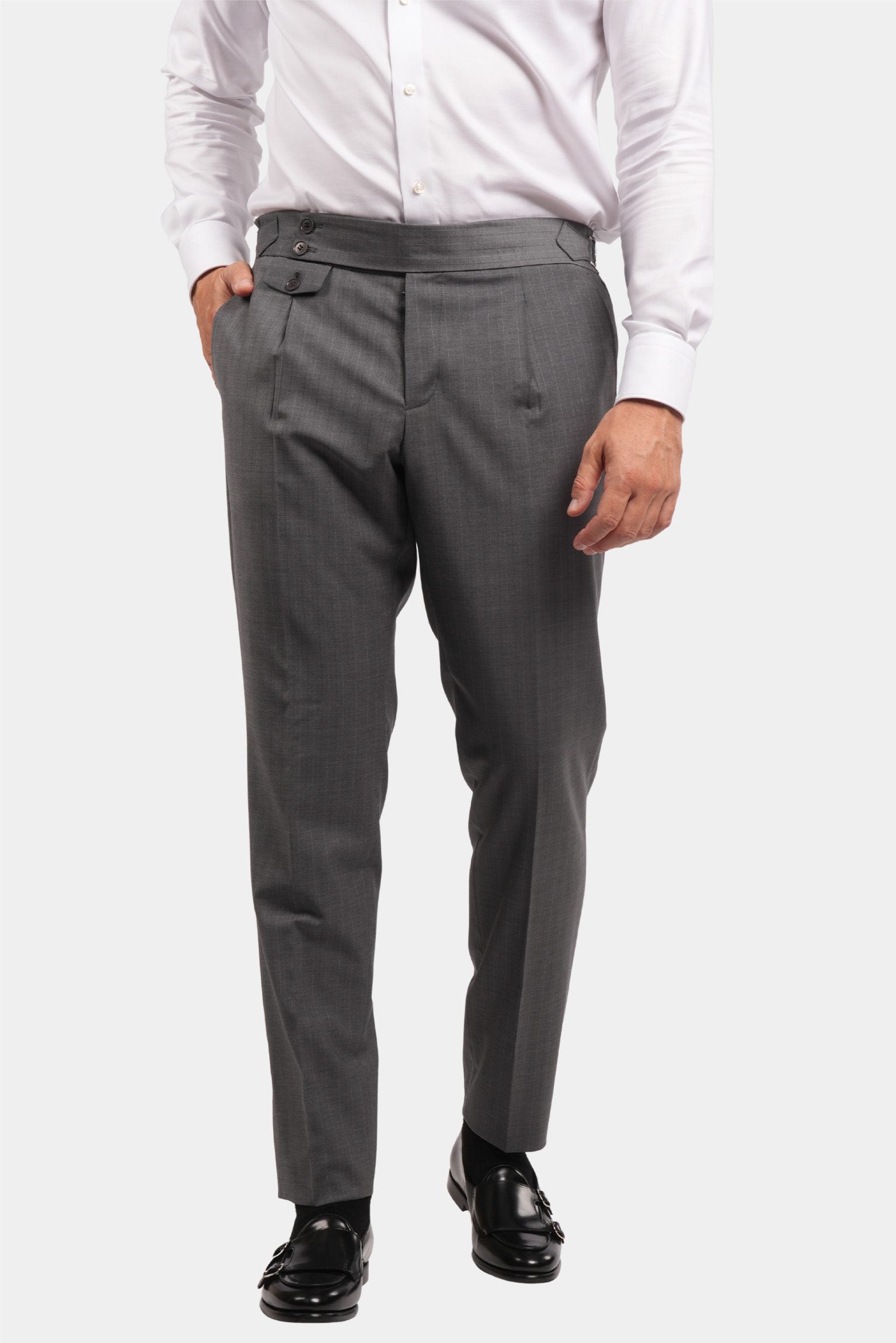 Grauer Slim Fit Zweireiher Anzug aus Wolle