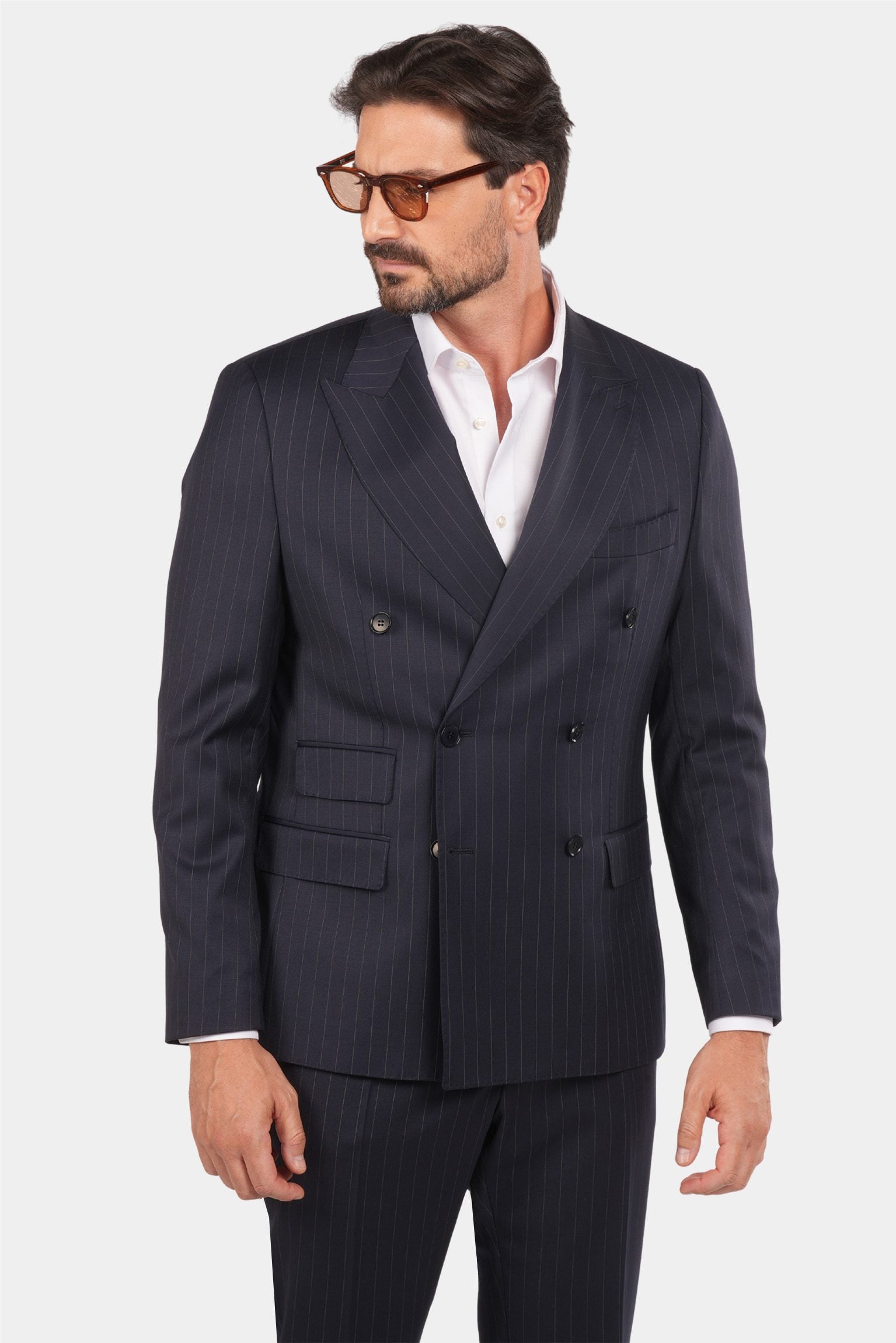 Dunkelblauer Nadelstreifen Slim Fit Zweireiher Anzug aus Wolle
