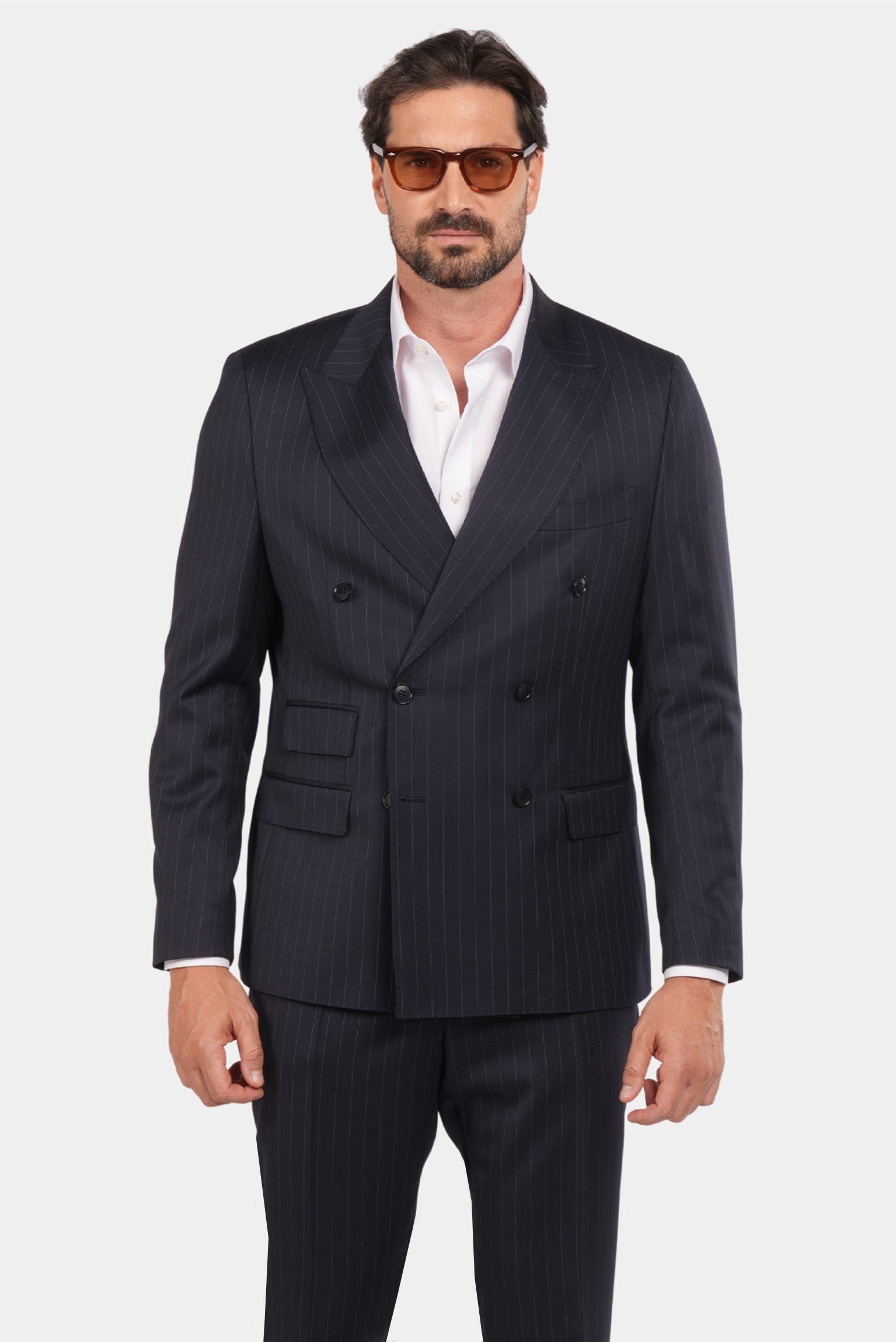 Dunkelblauer Nadelstreifen Slim Fit Zweireiher Anzug aus Wolle