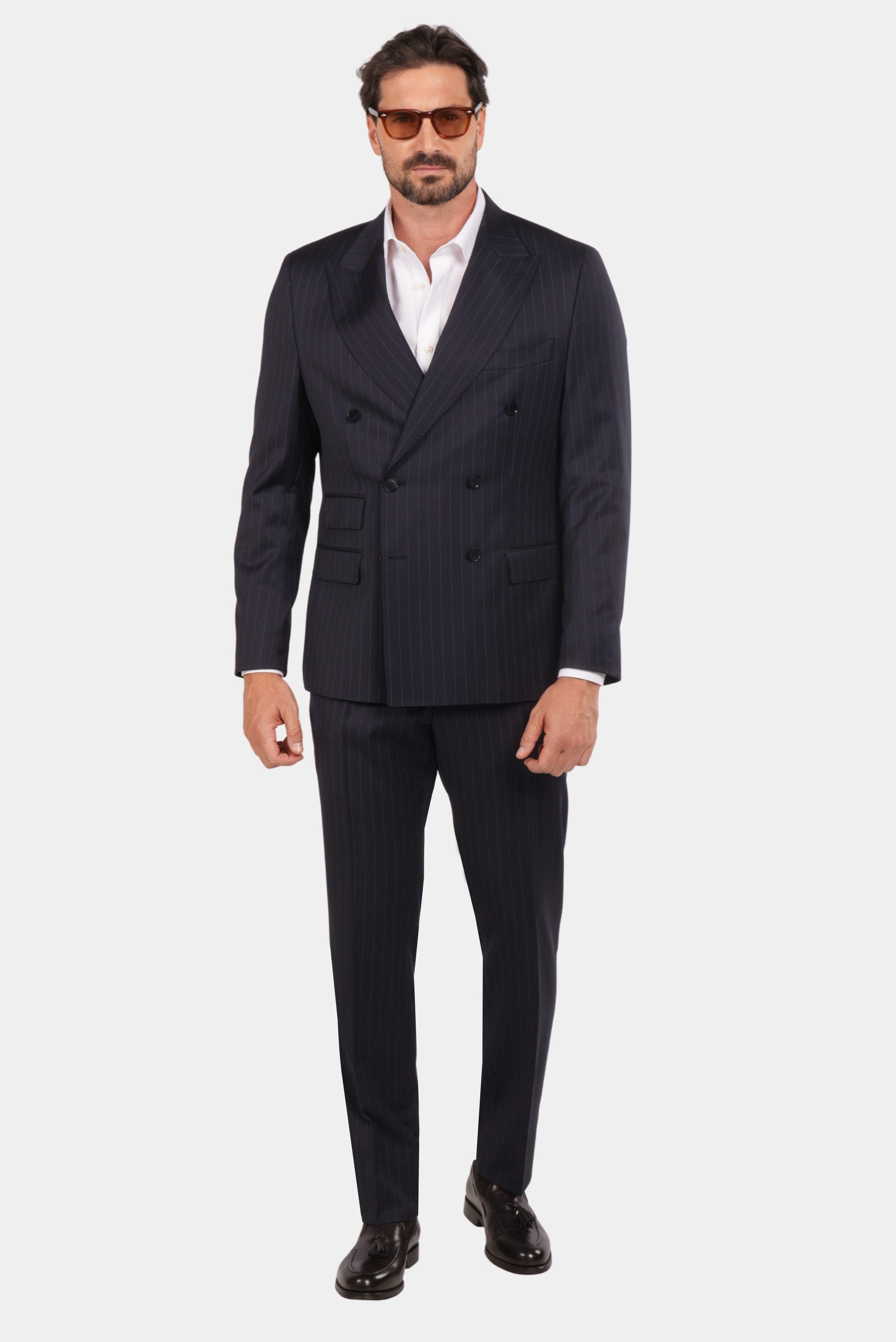Dunkelblauer Nadelstreifen Slim Fit Zweireiher Anzug aus Wolle