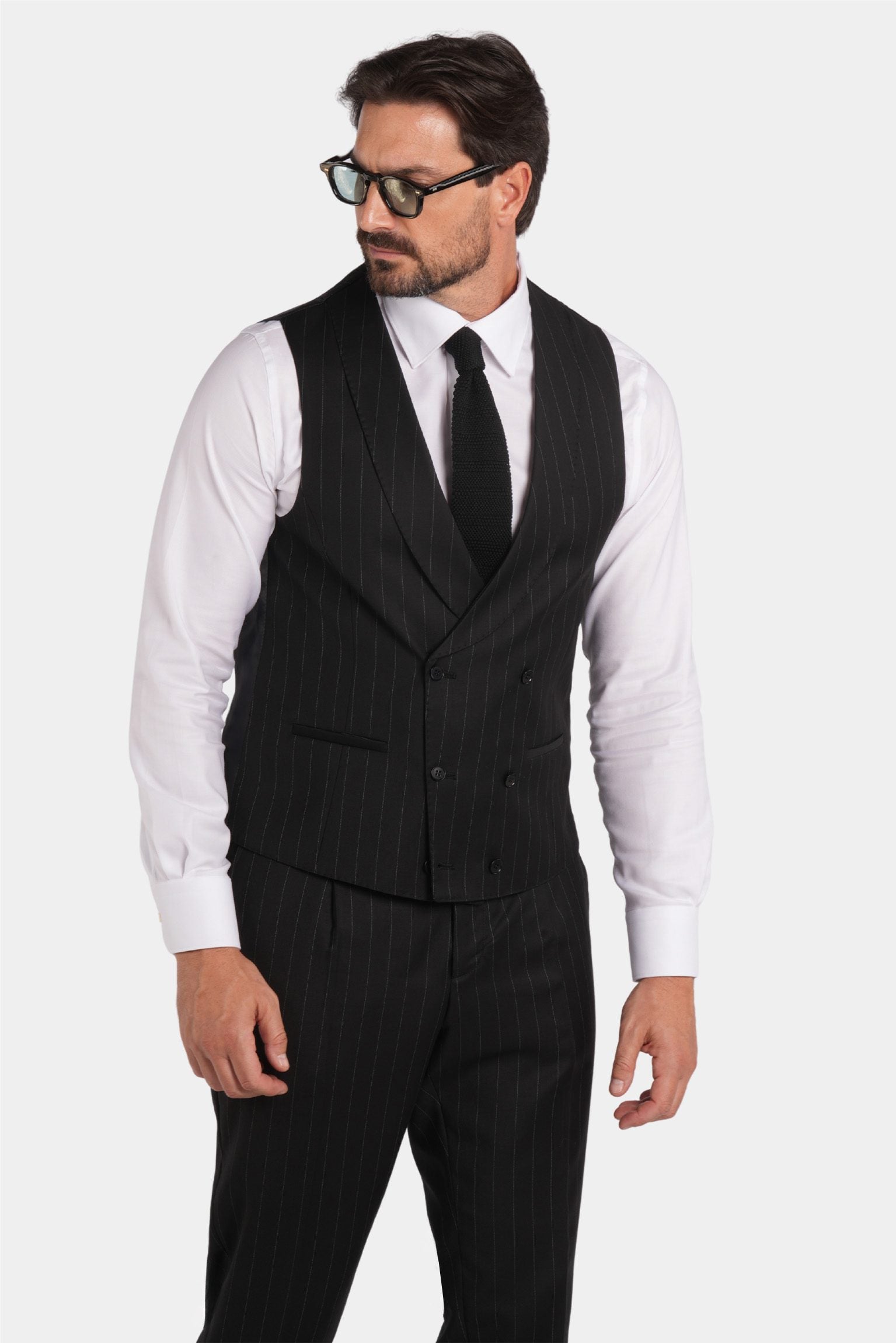 Schwarzer Nadelstreifen Slim-Fit Dreiteiliger Marina Wolle