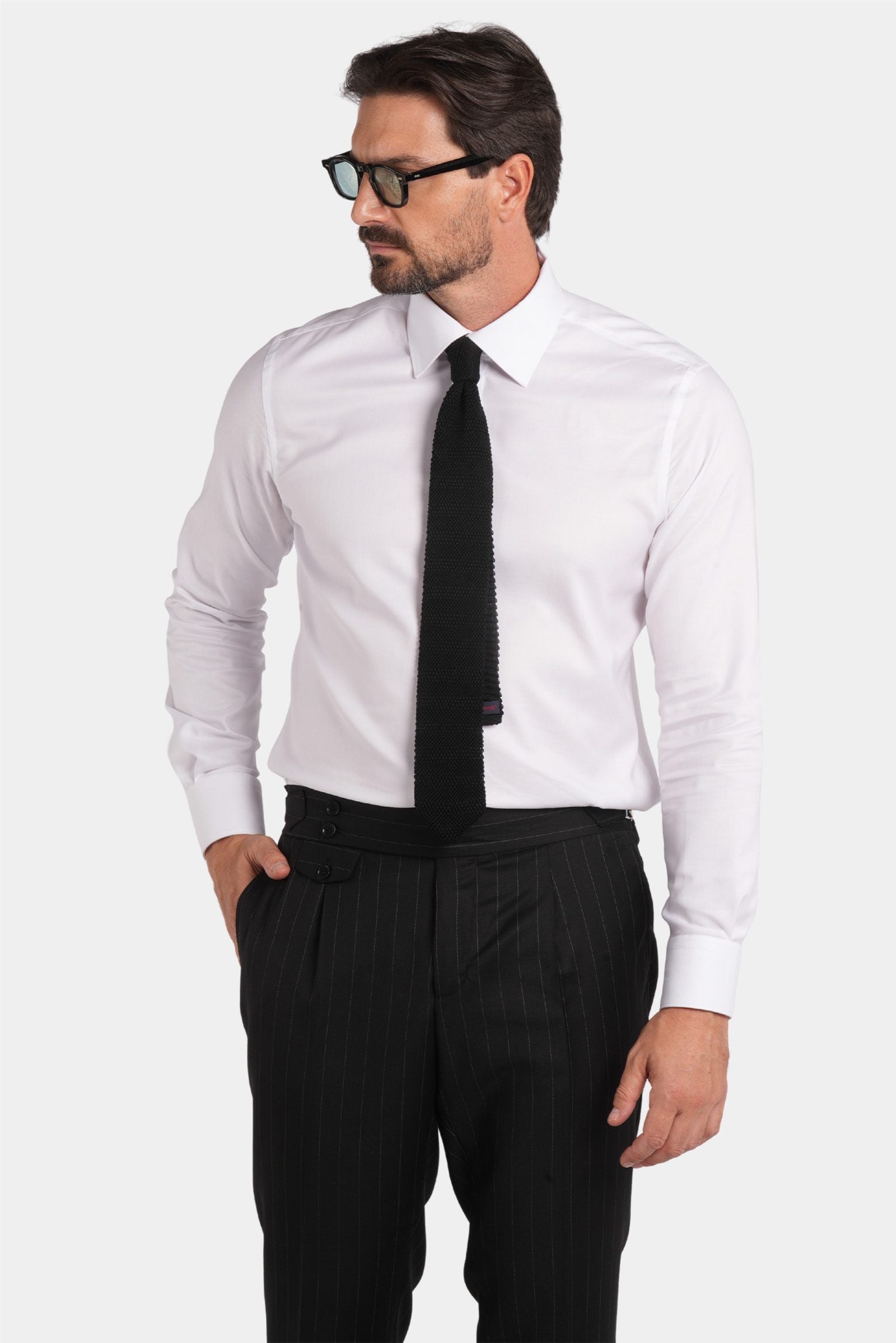 Schwarzer Nadelstreifen Slim-Fit Dreiteiliger Marina Wolle