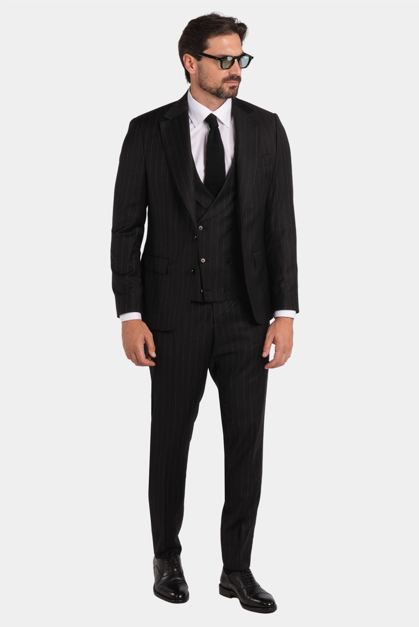 Schwarzer Nadelstreifen Slim-Fit Dreiteiliger Marina Wolle