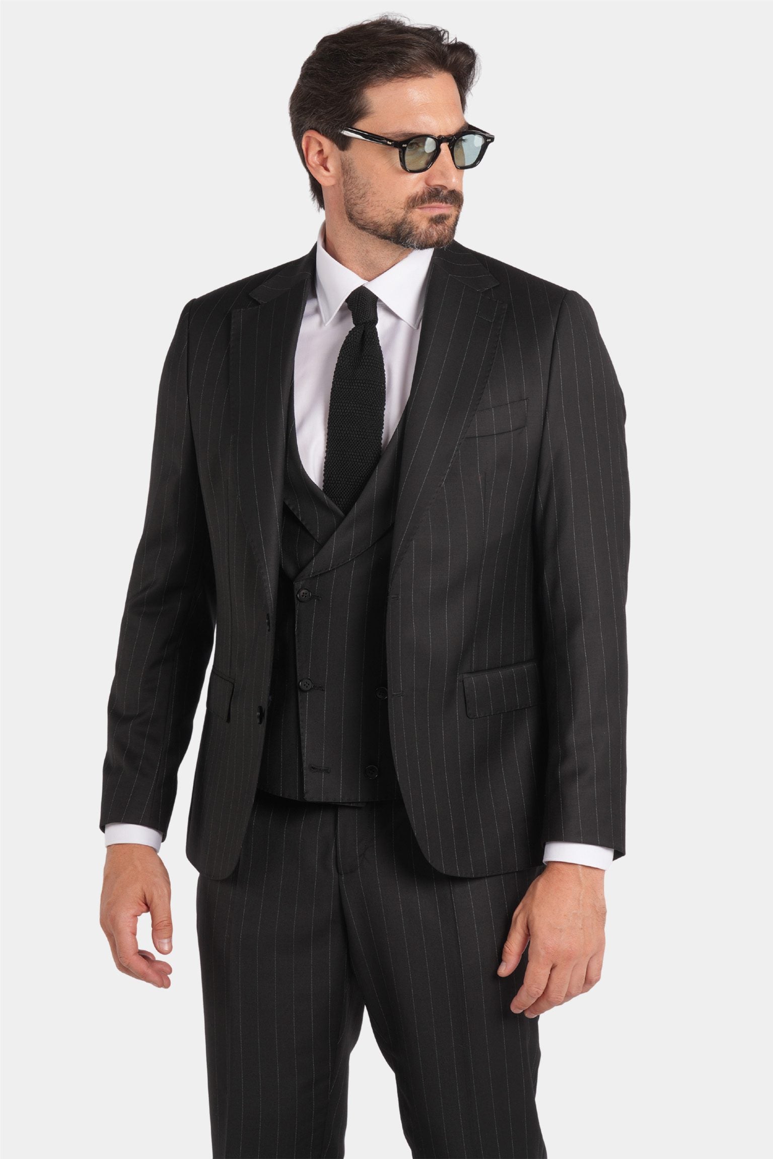 Schwarzer Nadelstreifen Slim-Fit Dreiteiliger Marina Wolle