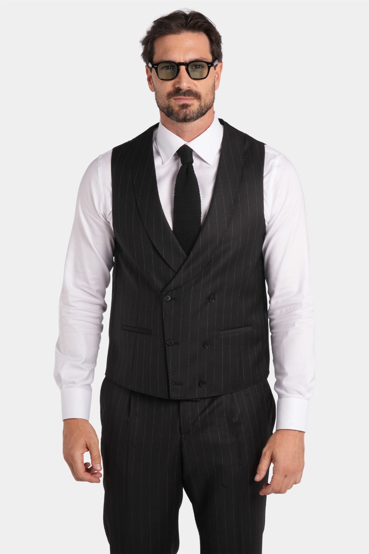 Schwarzer Nadelstreifen Slim-Fit Dreiteiliger Marina Wolle