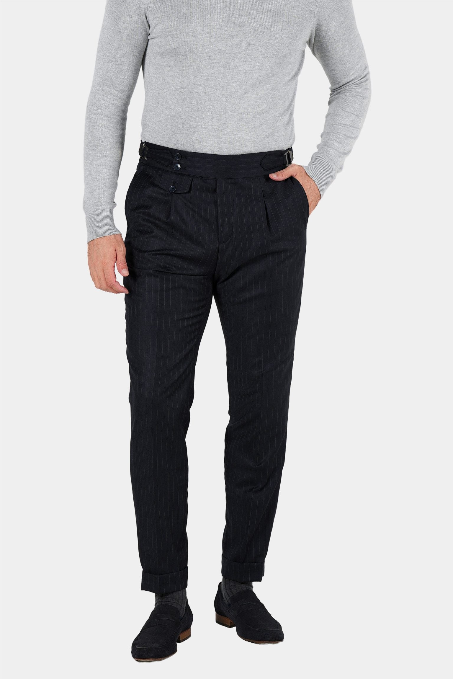 Dunkelblaue Nadelstreifenhose aus italienischer Wolle Tailored Fit