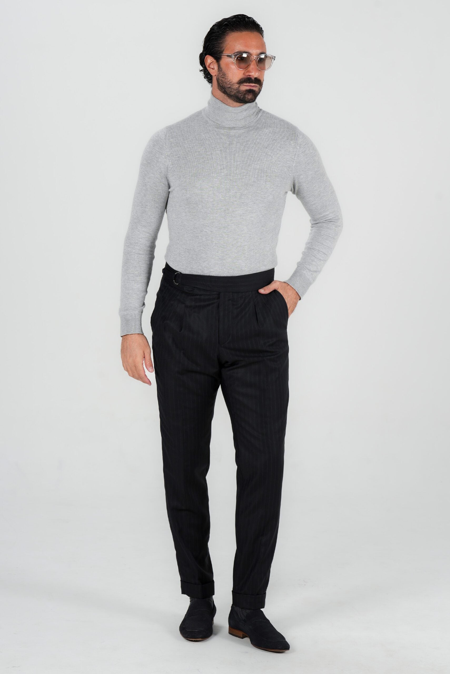 Dunkelblaue Nadelstreifenhose aus italienischer Marina Wolle Tailored Fit