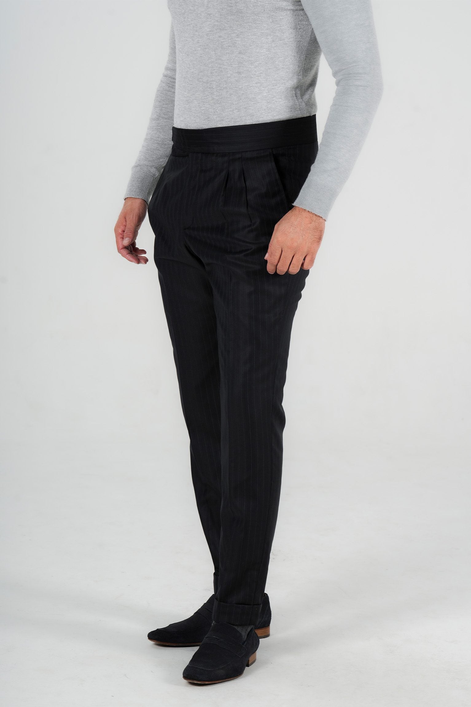 Dunkelblaue Nadelstreifenhose aus italienischer Marina Wolle Tailored Fit