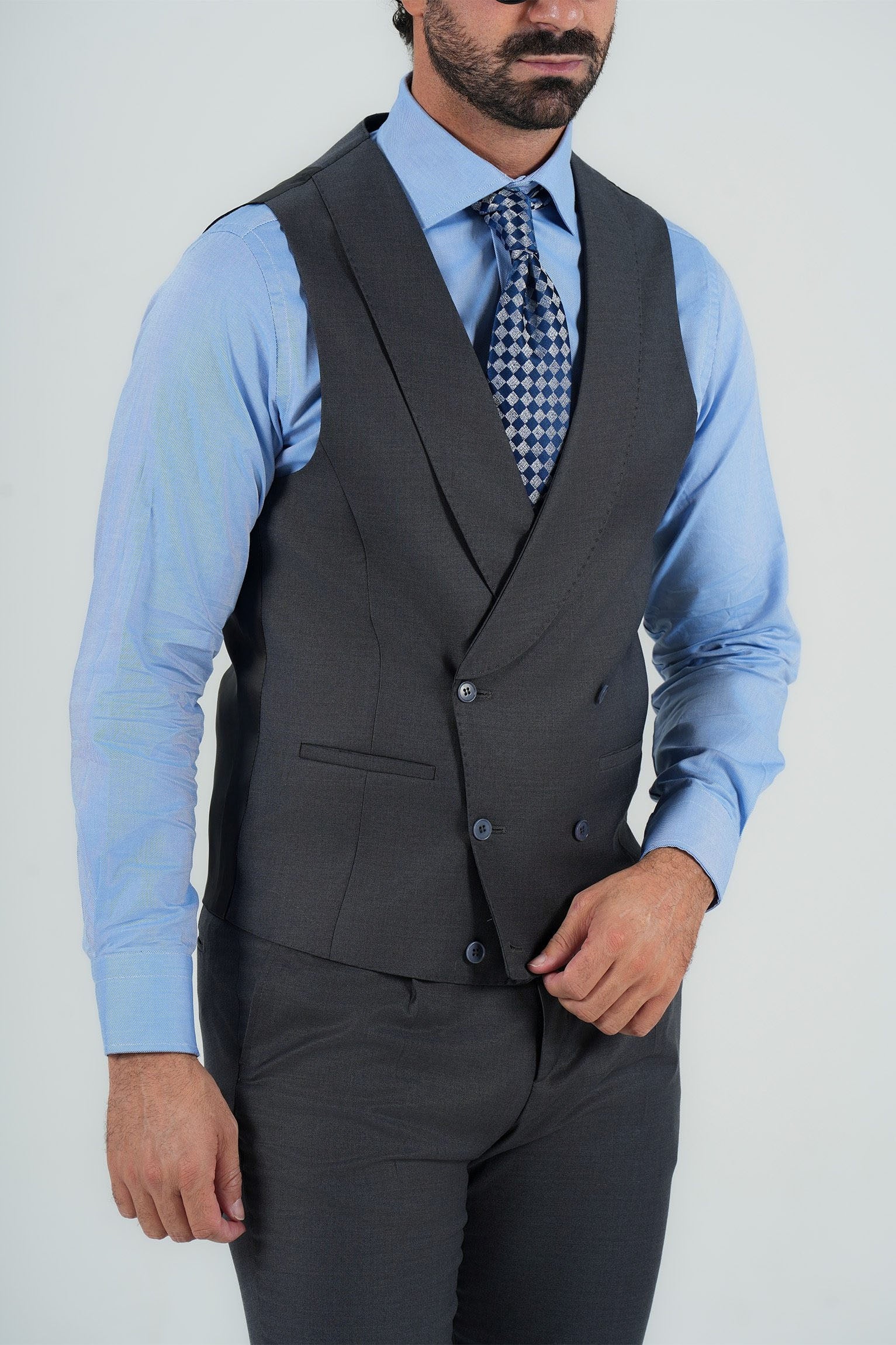 Grauer Dreiteiliger Anzug aus italienischer Marina Wolle Slim Fit