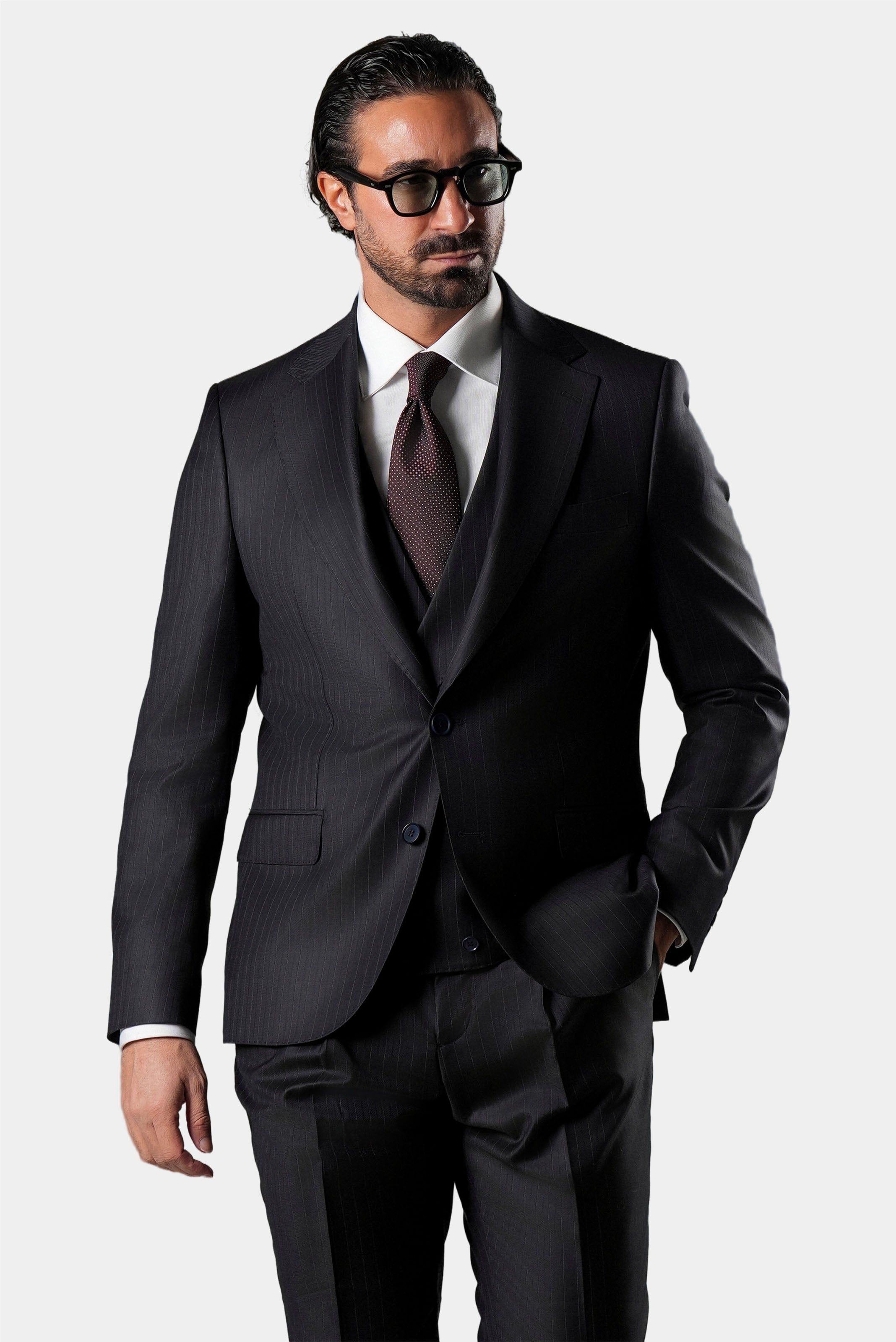 Dunkelblauer gestreifter Slim-Fit Einreiher aus Marina Wolle