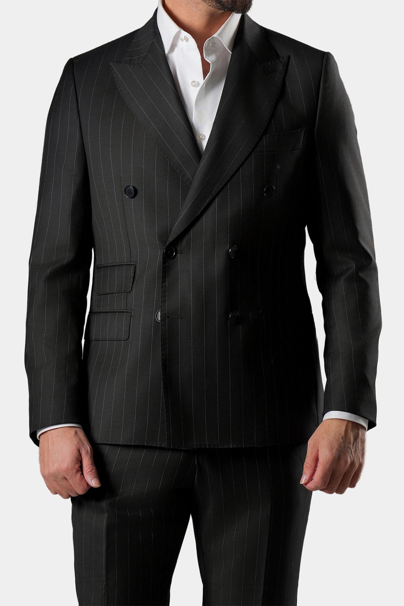 Schwarzer Nadelstreifen Slim-Fit Zweireiher aus Marina Wolle