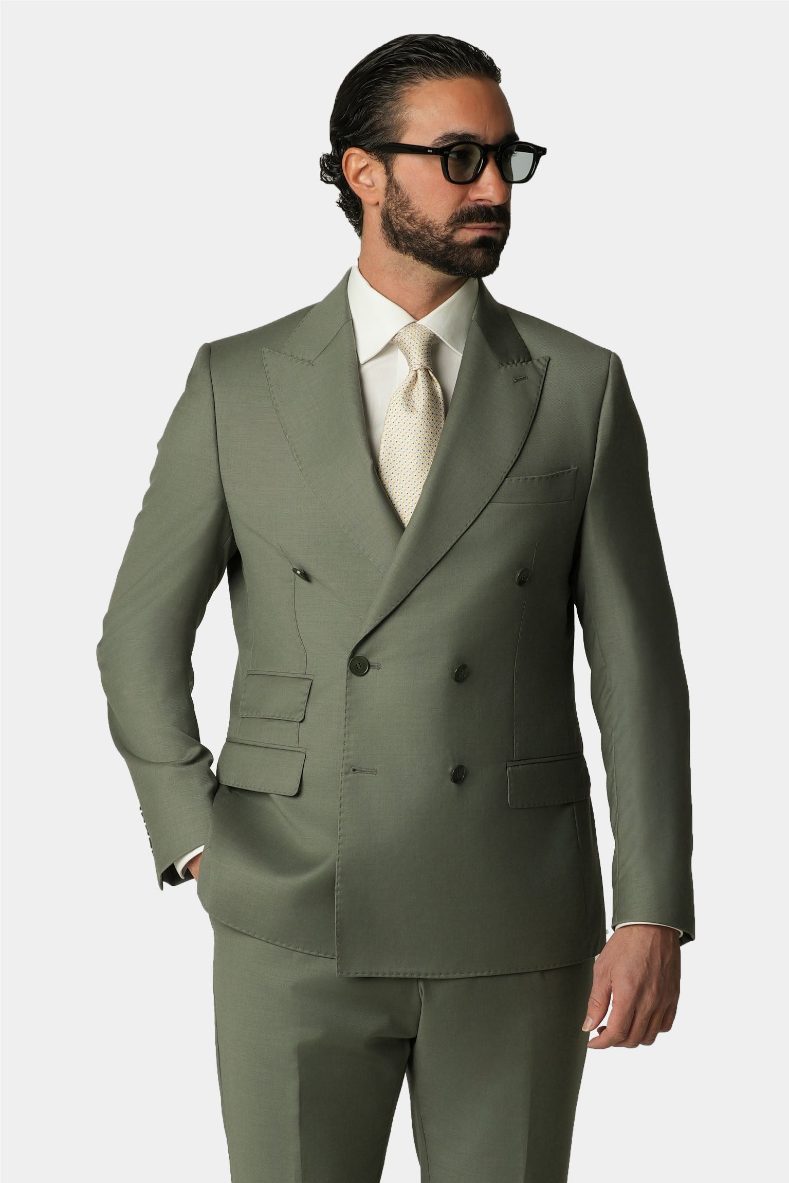 Hellgrüner doppelreihiger Slim-Fit-Wollanzug