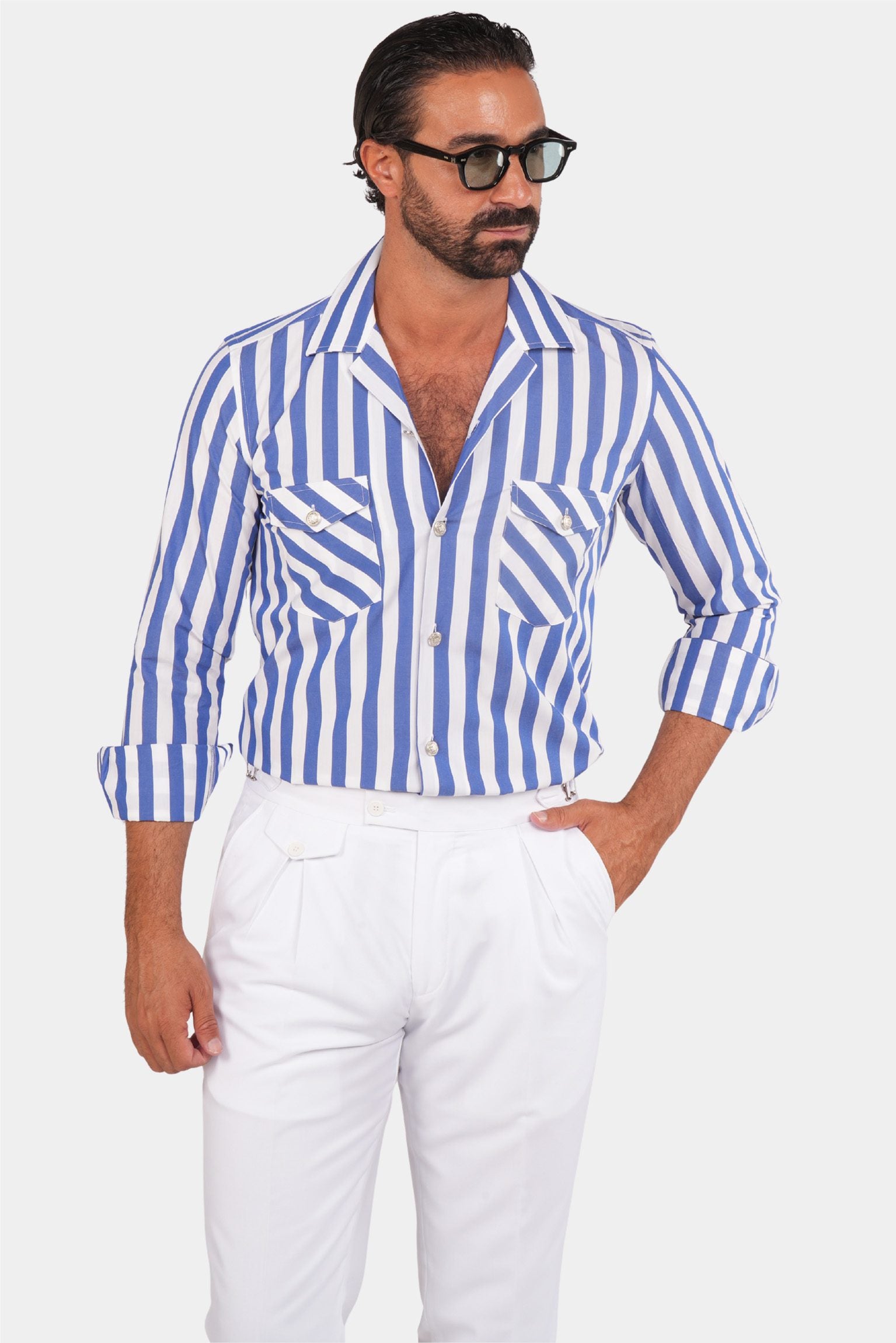 Navy Blau und Weiße Streifen Safari-Hemd
