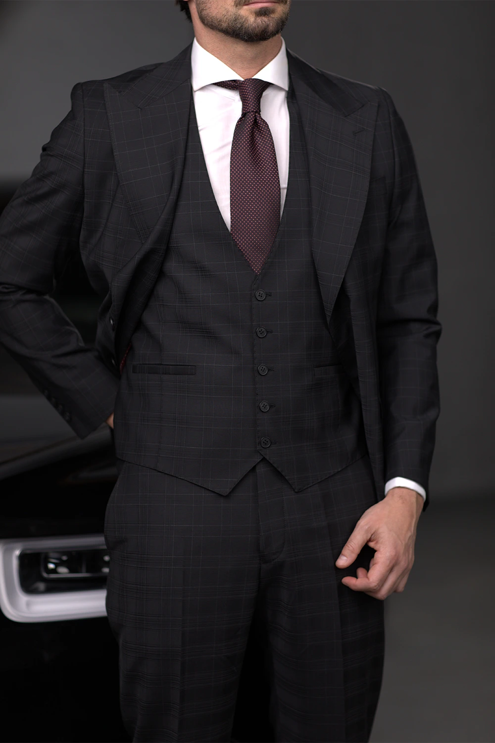 Schwarzer karierter Anzug, Modern Fit Einreiher