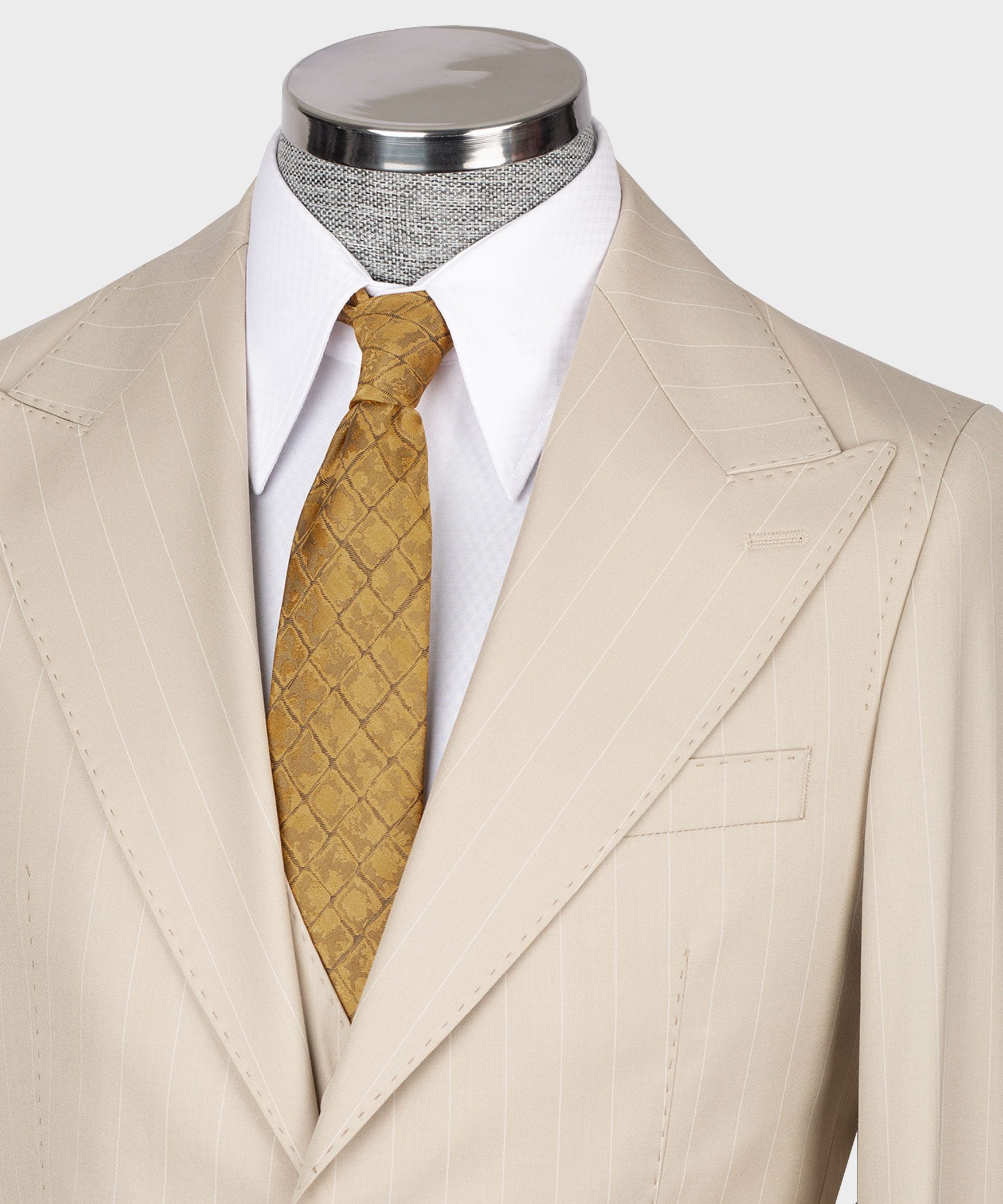 Beige gestreift Modern Fit Einreihiger Anzug
