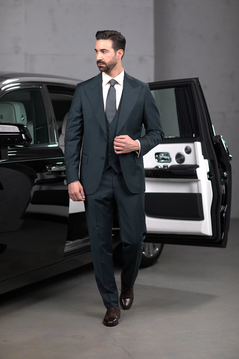 Dark green striped modern fit single-breasted blazer