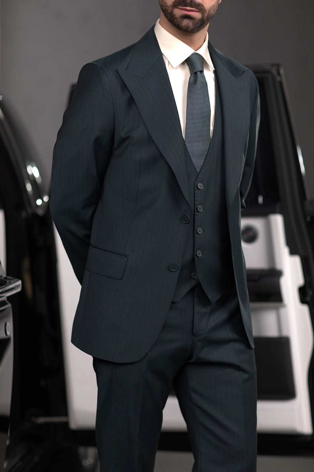 Dark green striped modern fit single-breasted blazer
