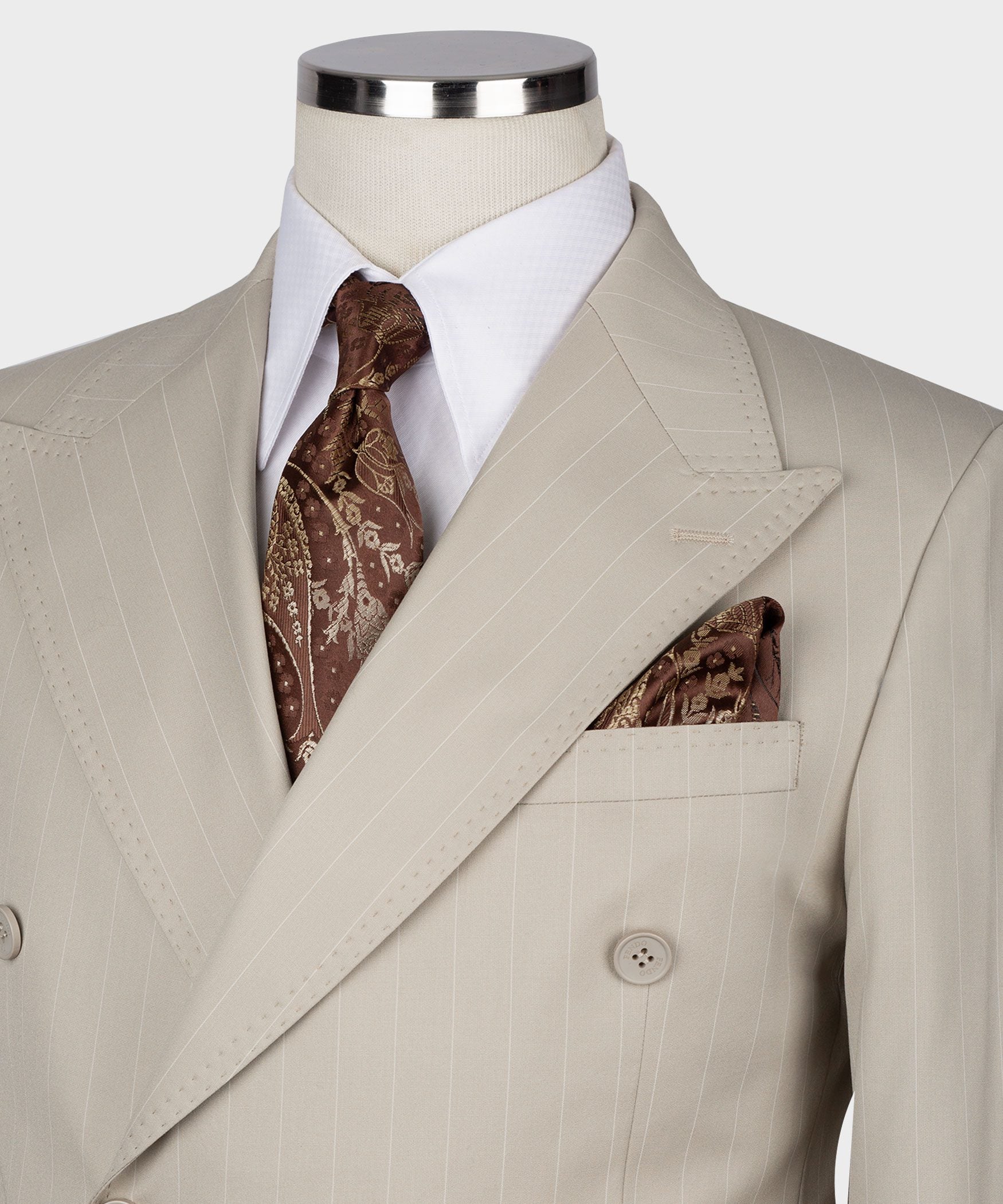 Beige gestreift Modern Fit Zweireiher Anzug