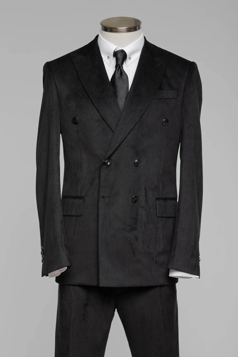 Schwarzer Cord Slim Fit Zweireiher Anzug