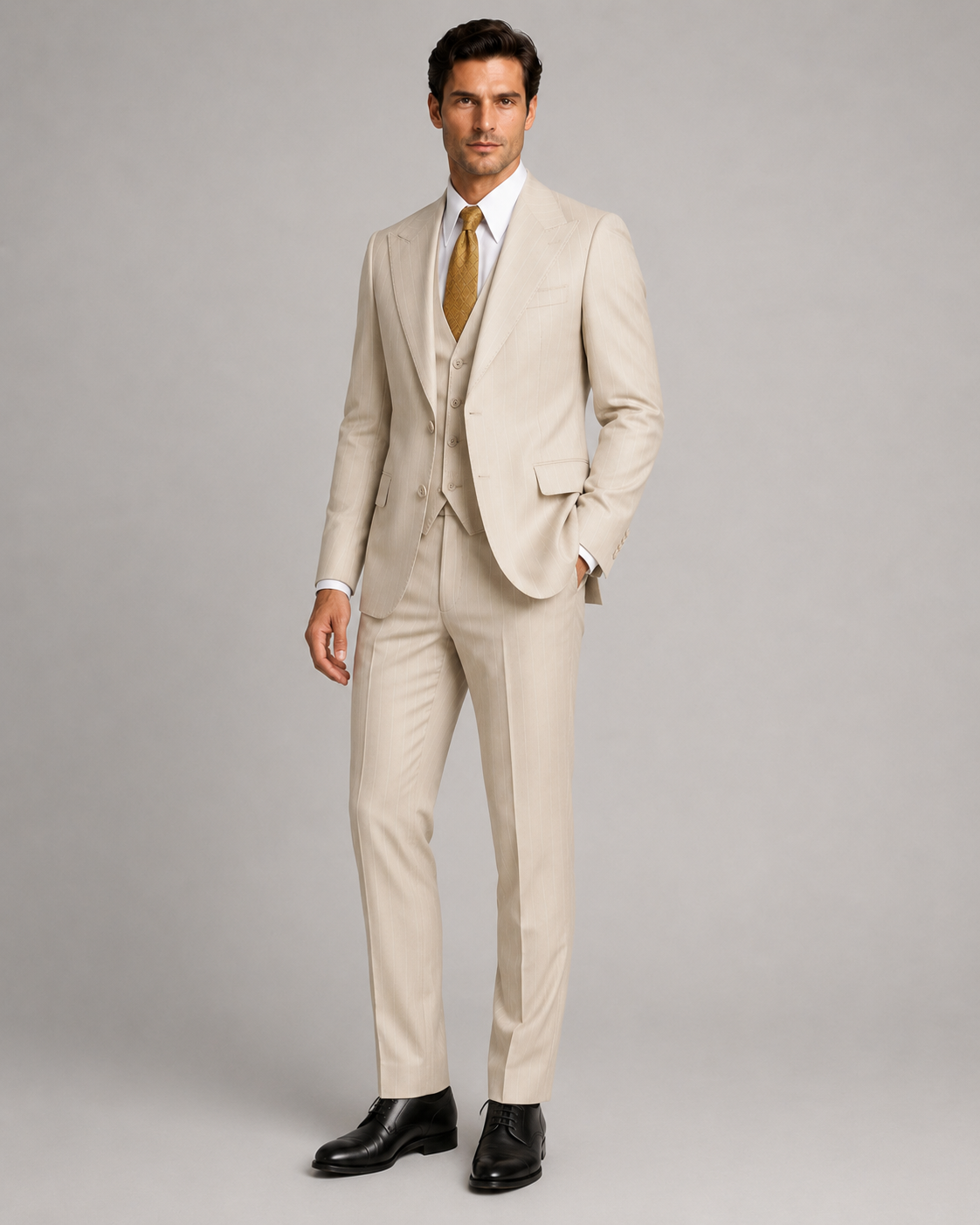 Beige gestreift Modern Fit Einreihiger Anzug