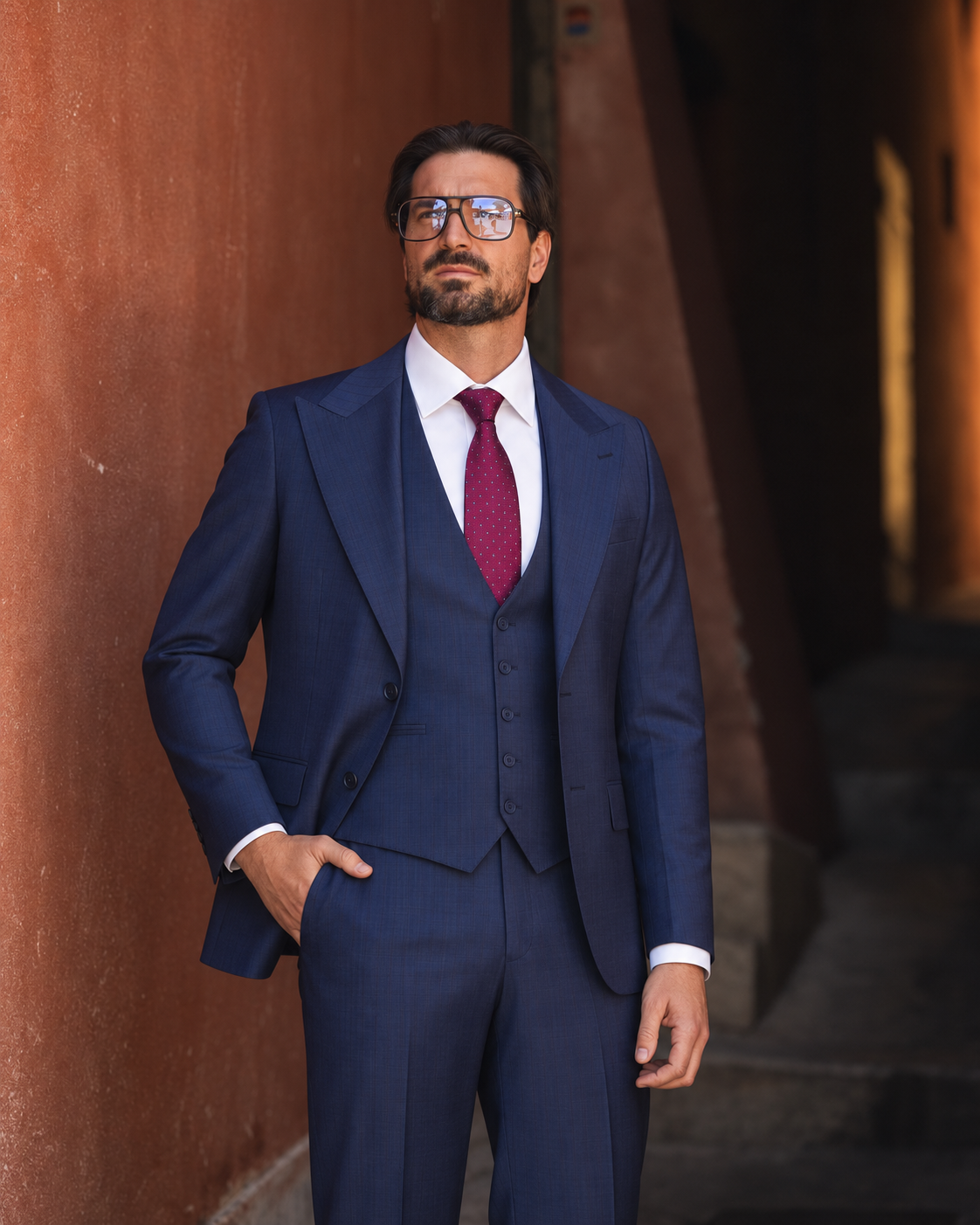Marineblauer karierter Slim-Fit-Dreiteiler aus Wolle – am Modell