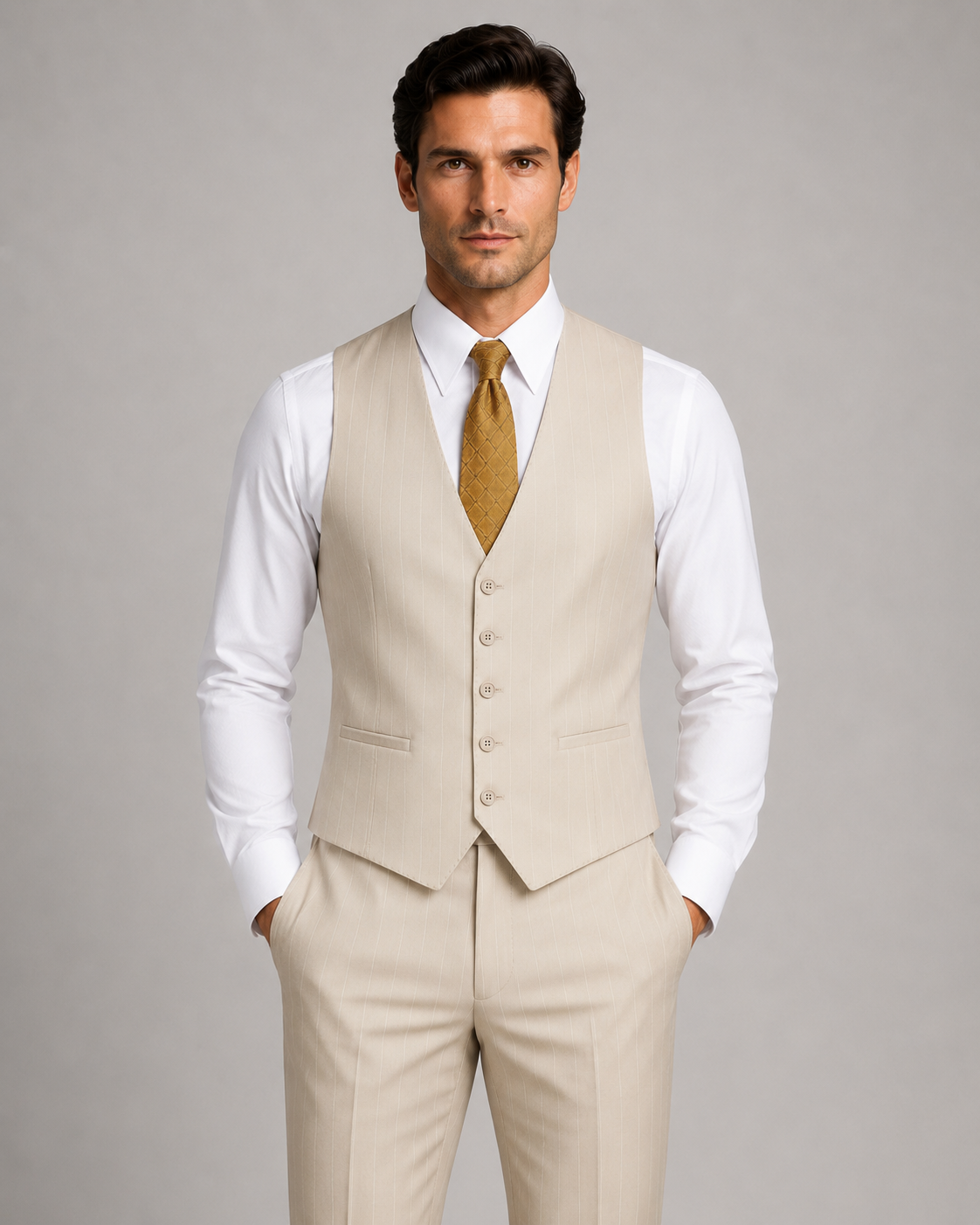 Beige gestreift Modern Fit Einreihiger Anzug