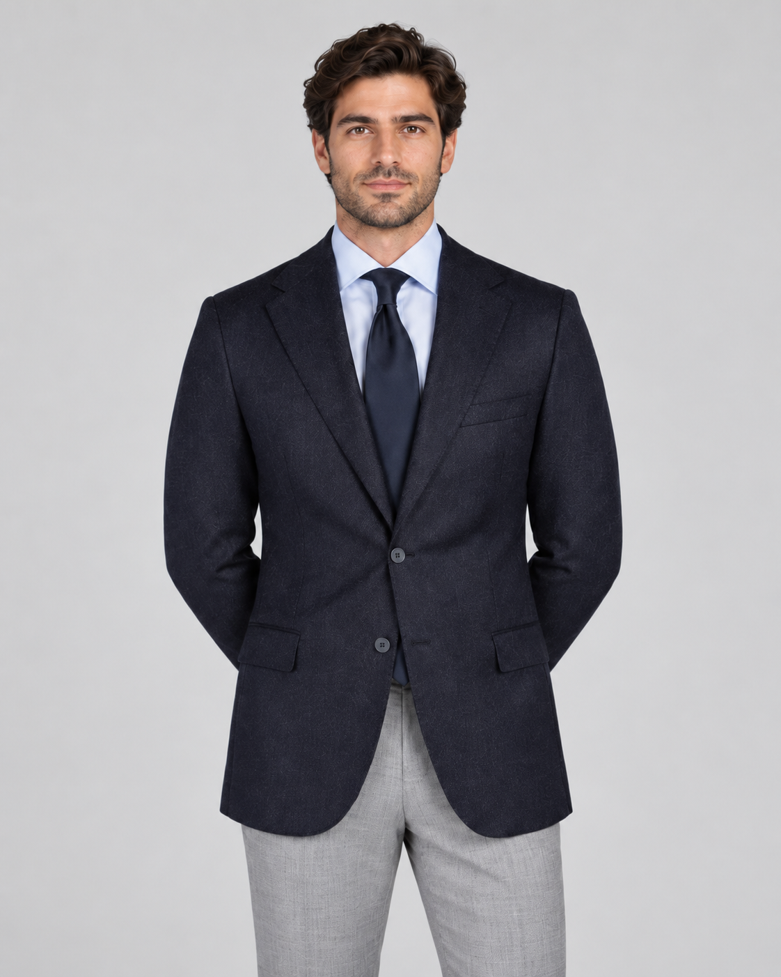 Dark blue single-breasted blazer made of pure wool