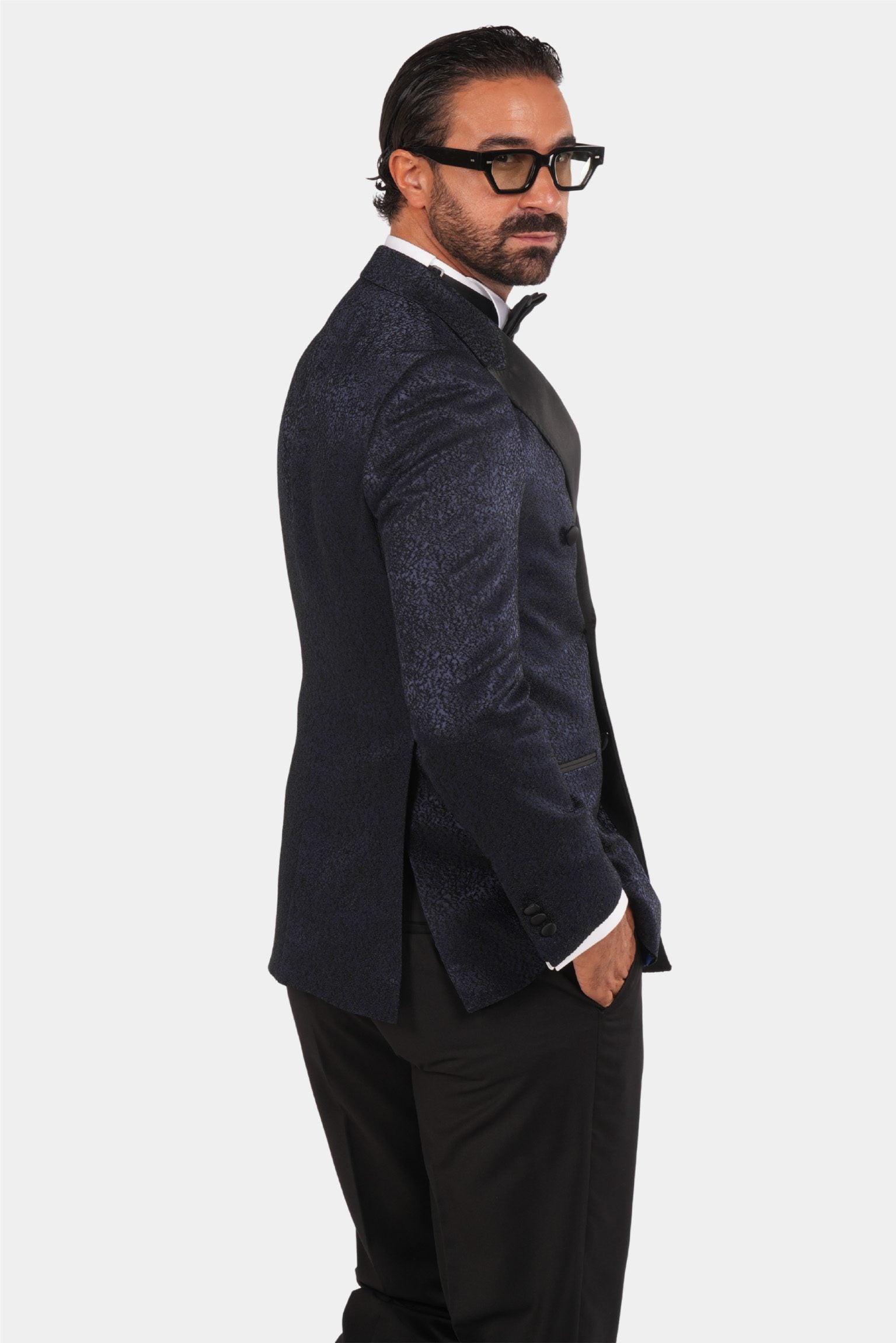 Smoking Herren Blau-Schwarz – Doppelreiher mit Satin-Revers & Struktur
