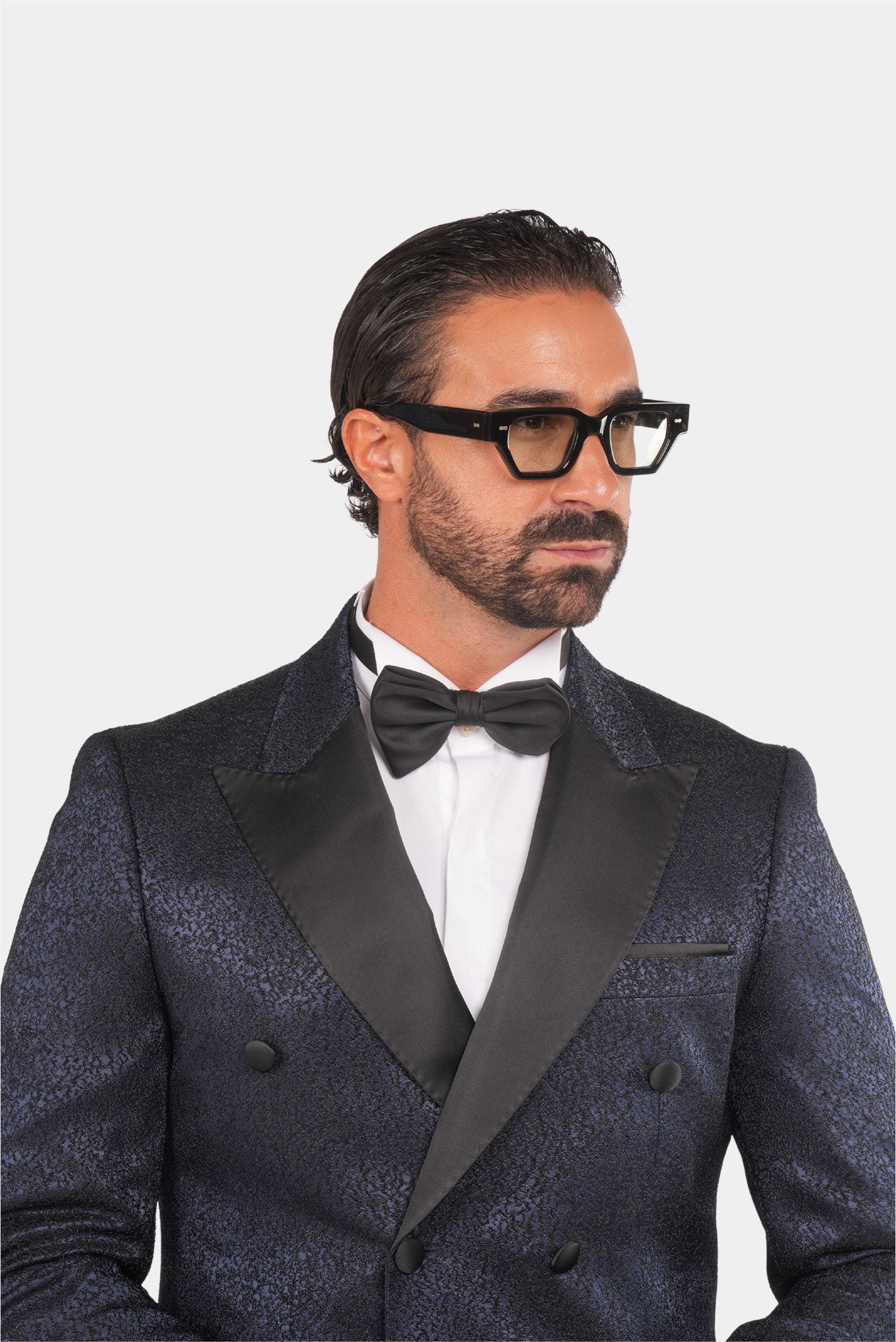 Smoking Herren Blau-Schwarz – Doppelreiher mit Satin-Revers & Struktur