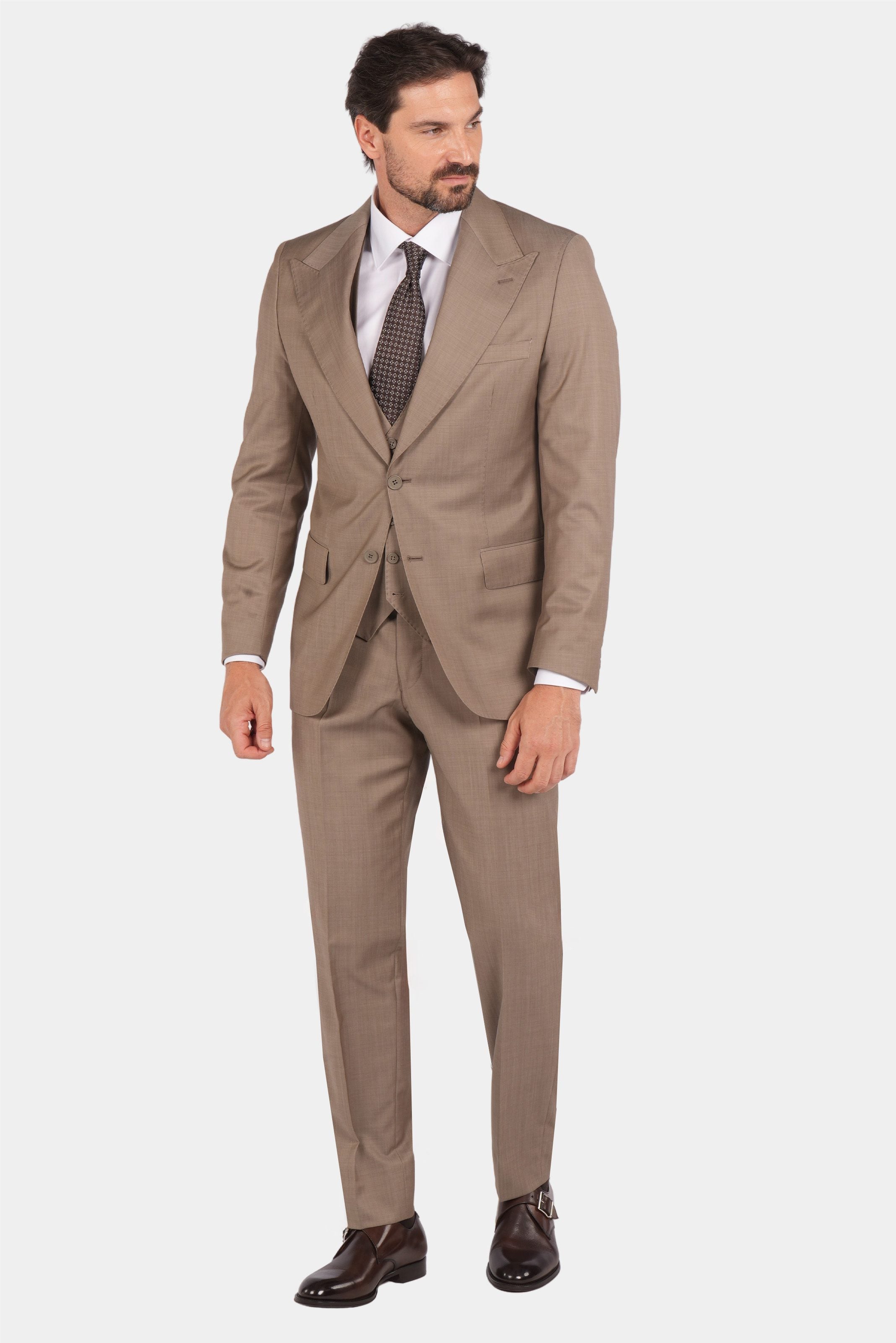 Sandbeige Dreiteiliger Woll-Anzug mit Tailored Fit
