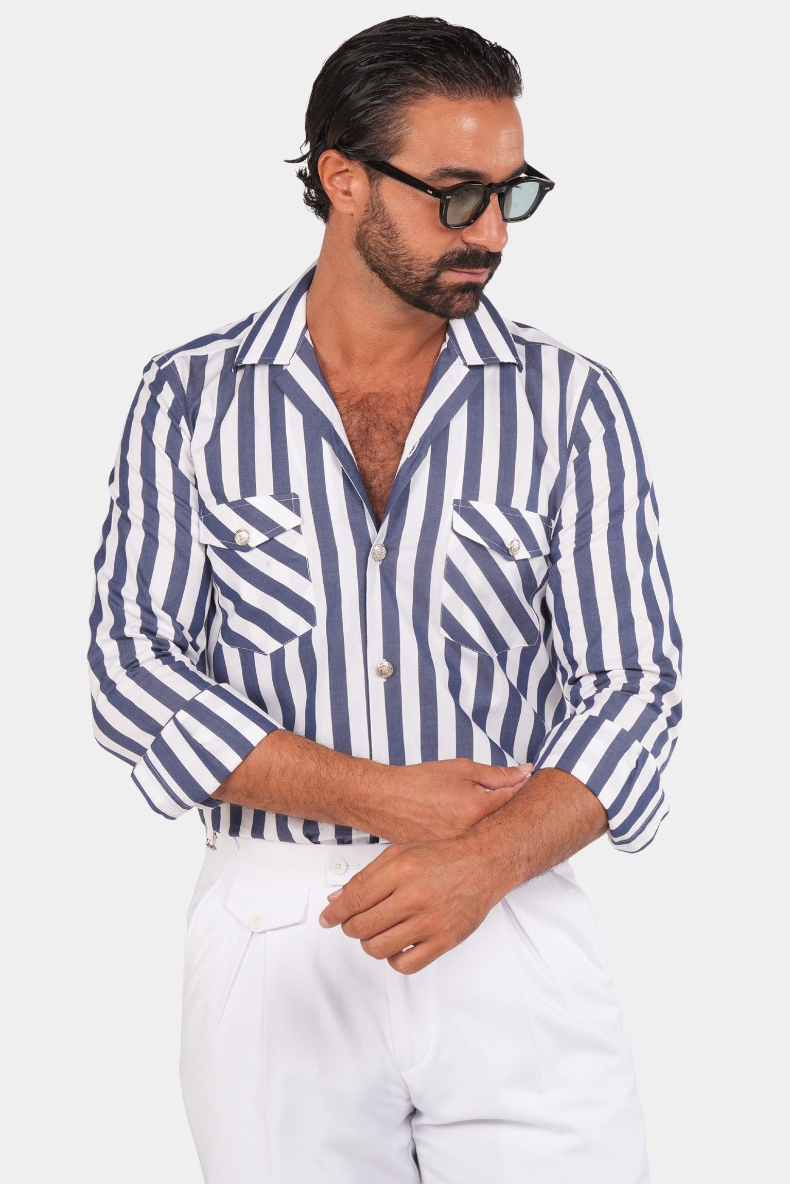 Navy Blau und Weiße Streifen Safari-Hemd