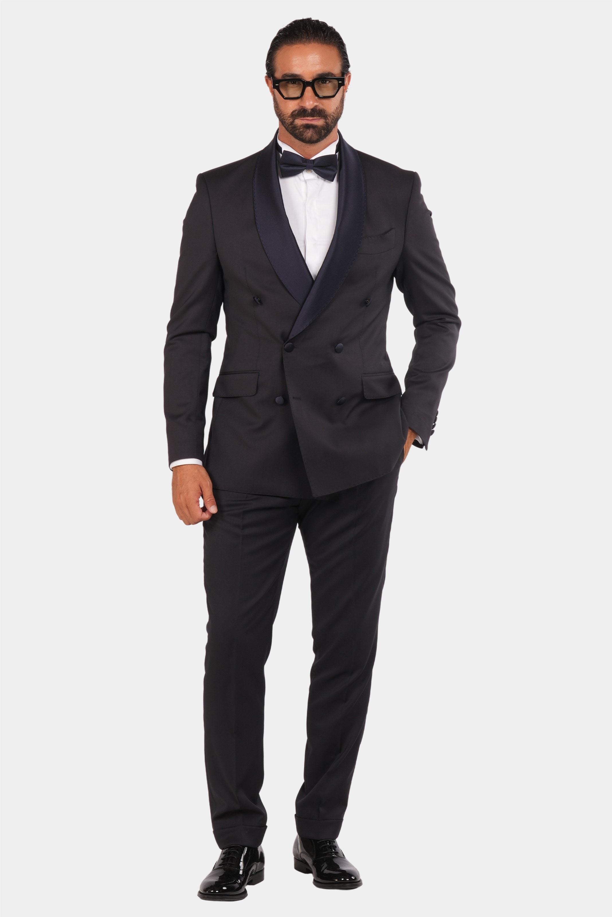Dunkelblaue Slim Fit Doppelreihige Smoking-Anzug