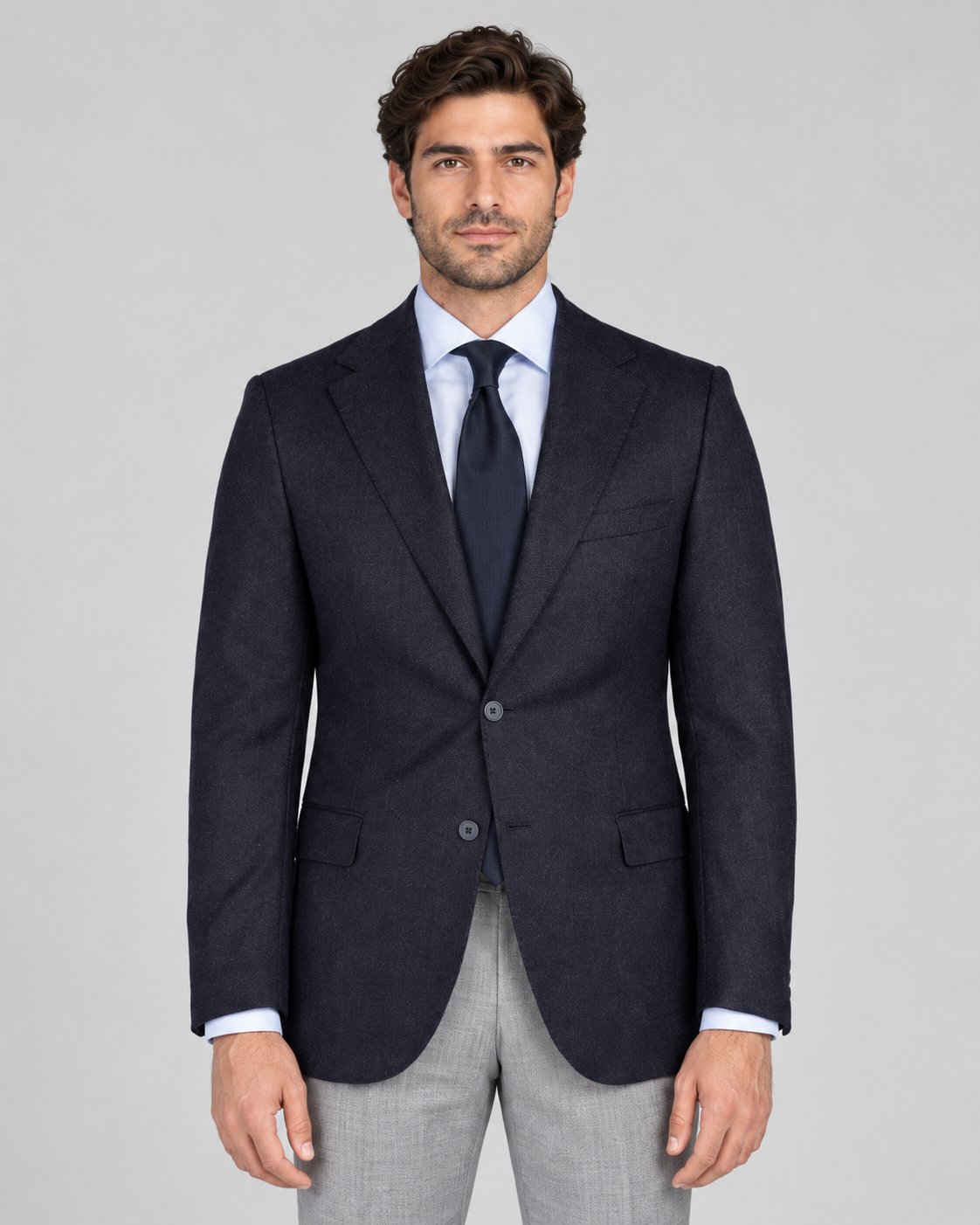 Dark blue single-breasted blazer made of pure wool