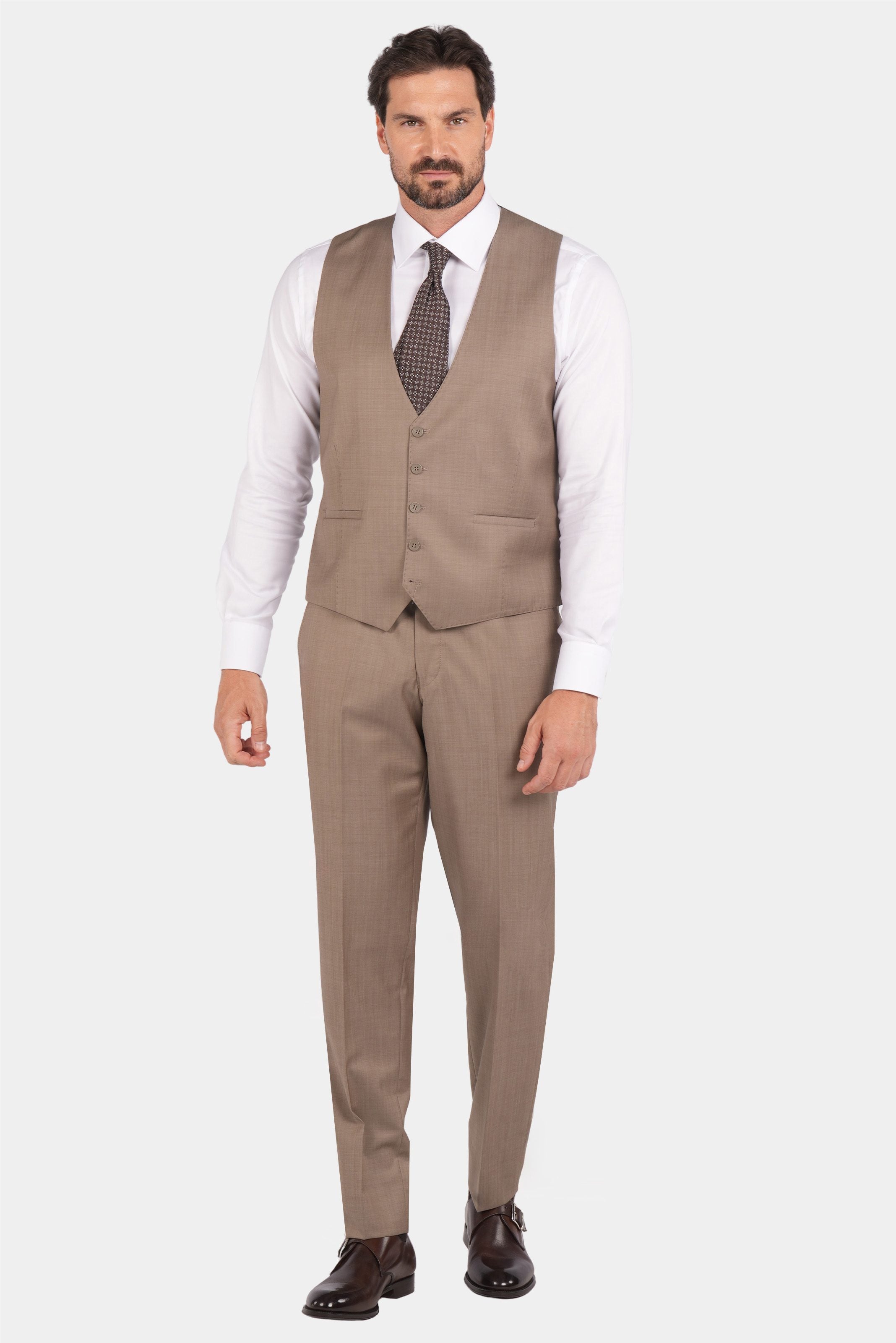 Sandbeige Dreiteiliger Woll-Anzug mit Tailored Fit