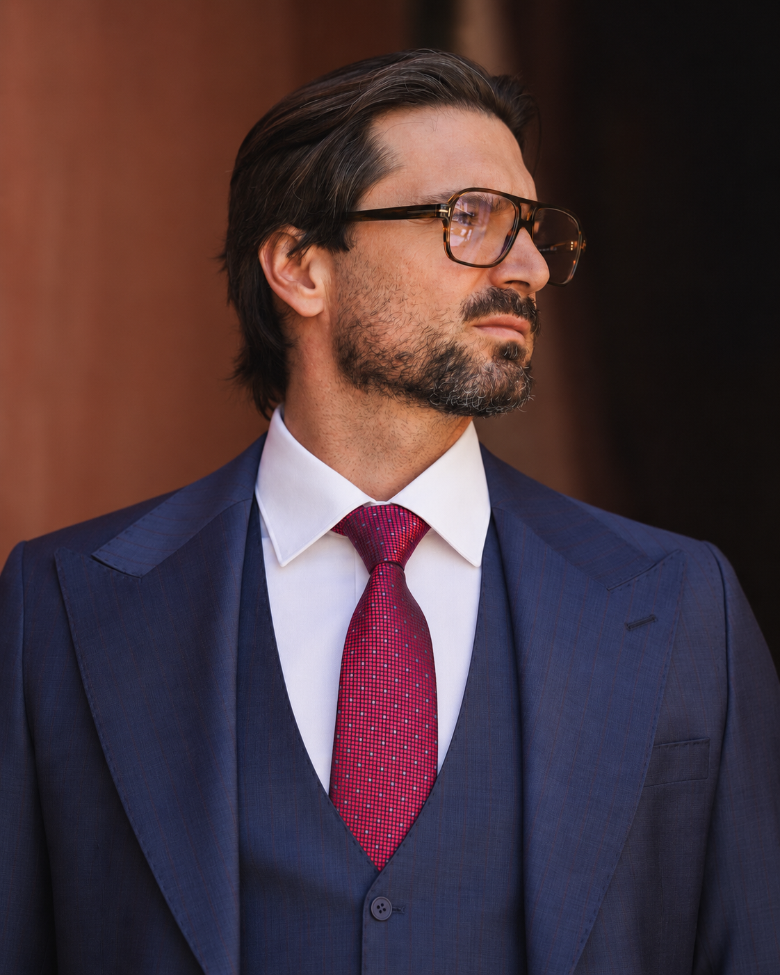 Marineblauer karierter Slim-Fit-Dreiteiler aus Wolle – Detail von Revers und Verarbeitung
