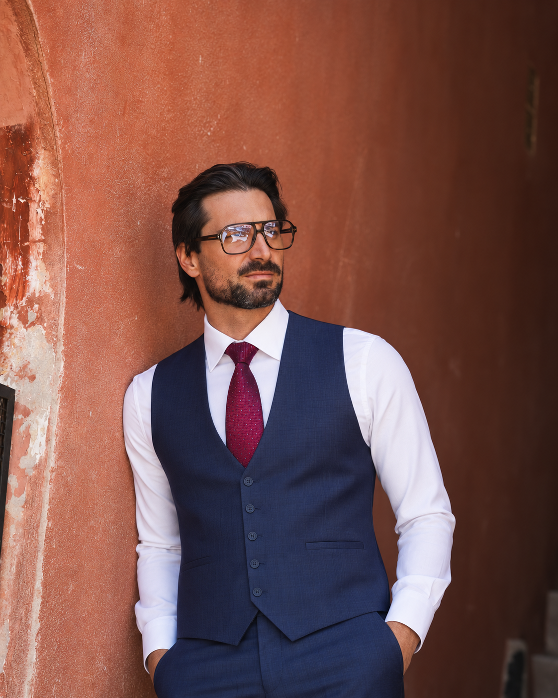Marineblauer karierter Slim-Fit-Dreiteiler aus Wolle – Weste am Modell