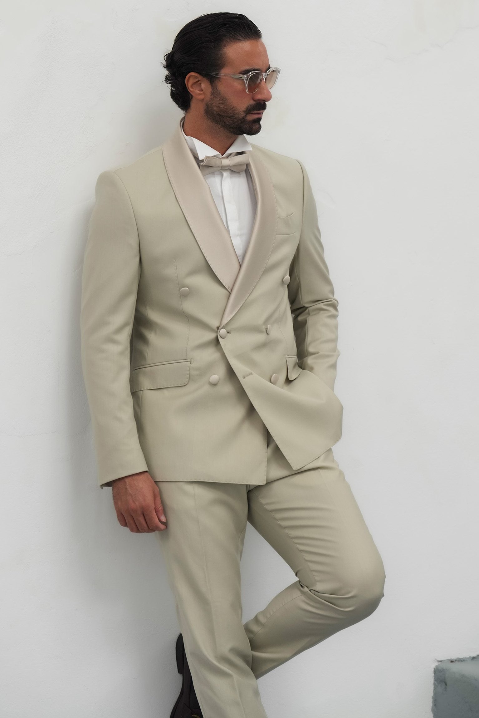 Cream Slim Fit Doppelreihiger Smoking-Anzug
