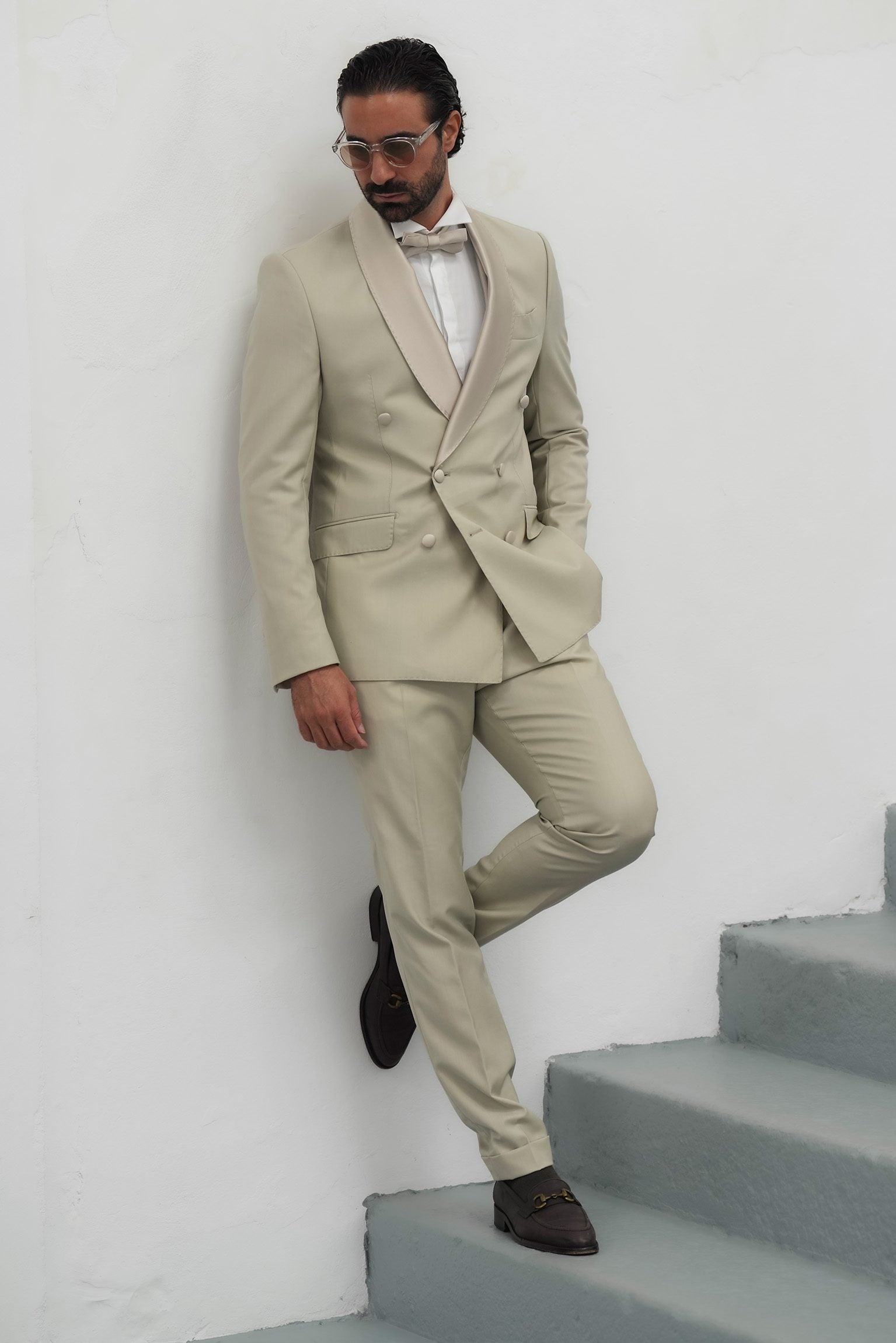 Cream Slim Fit Doppelreihiger Smoking-Anzug