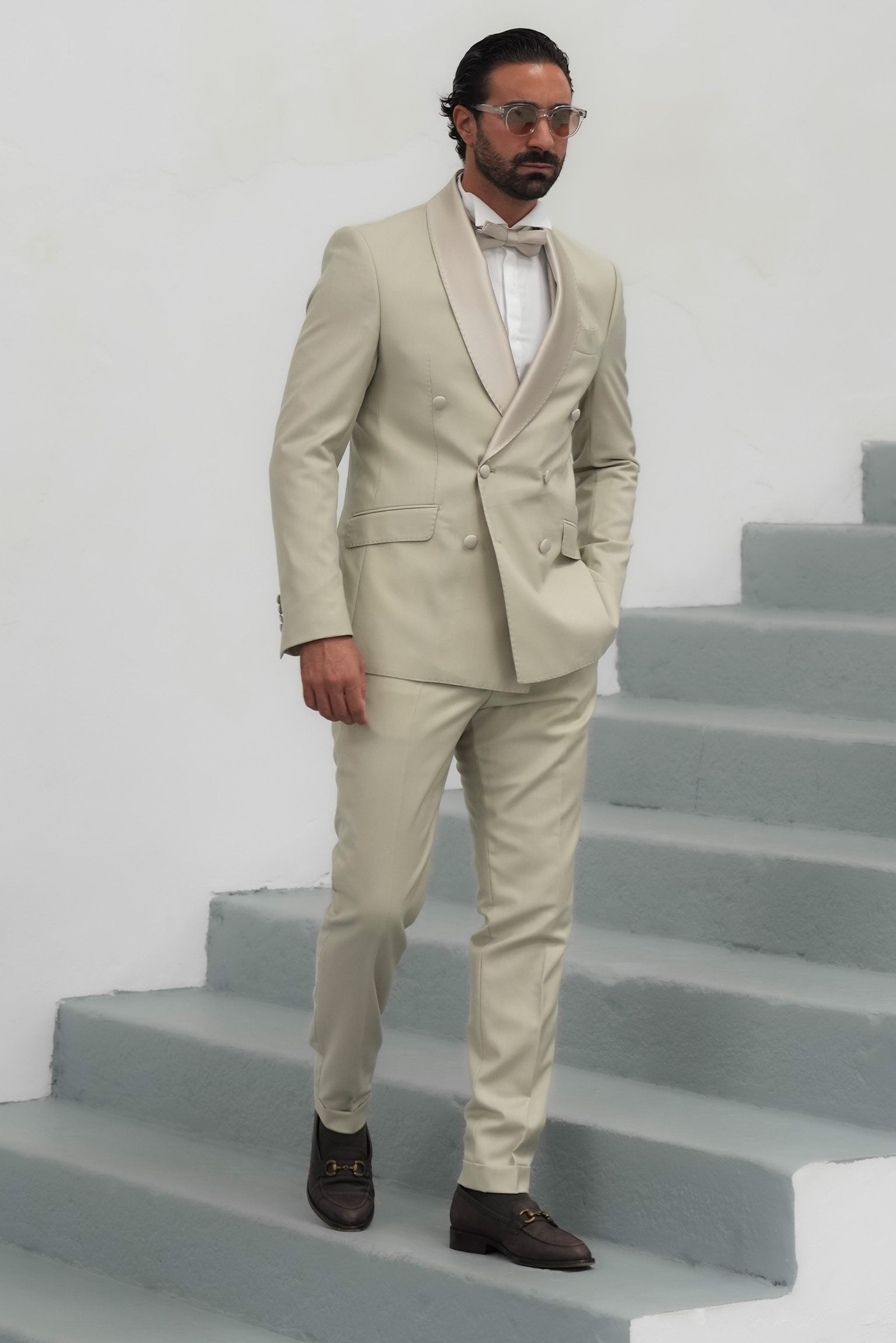 Cream Slim Fit Doppelreihiger Smoking-Anzug