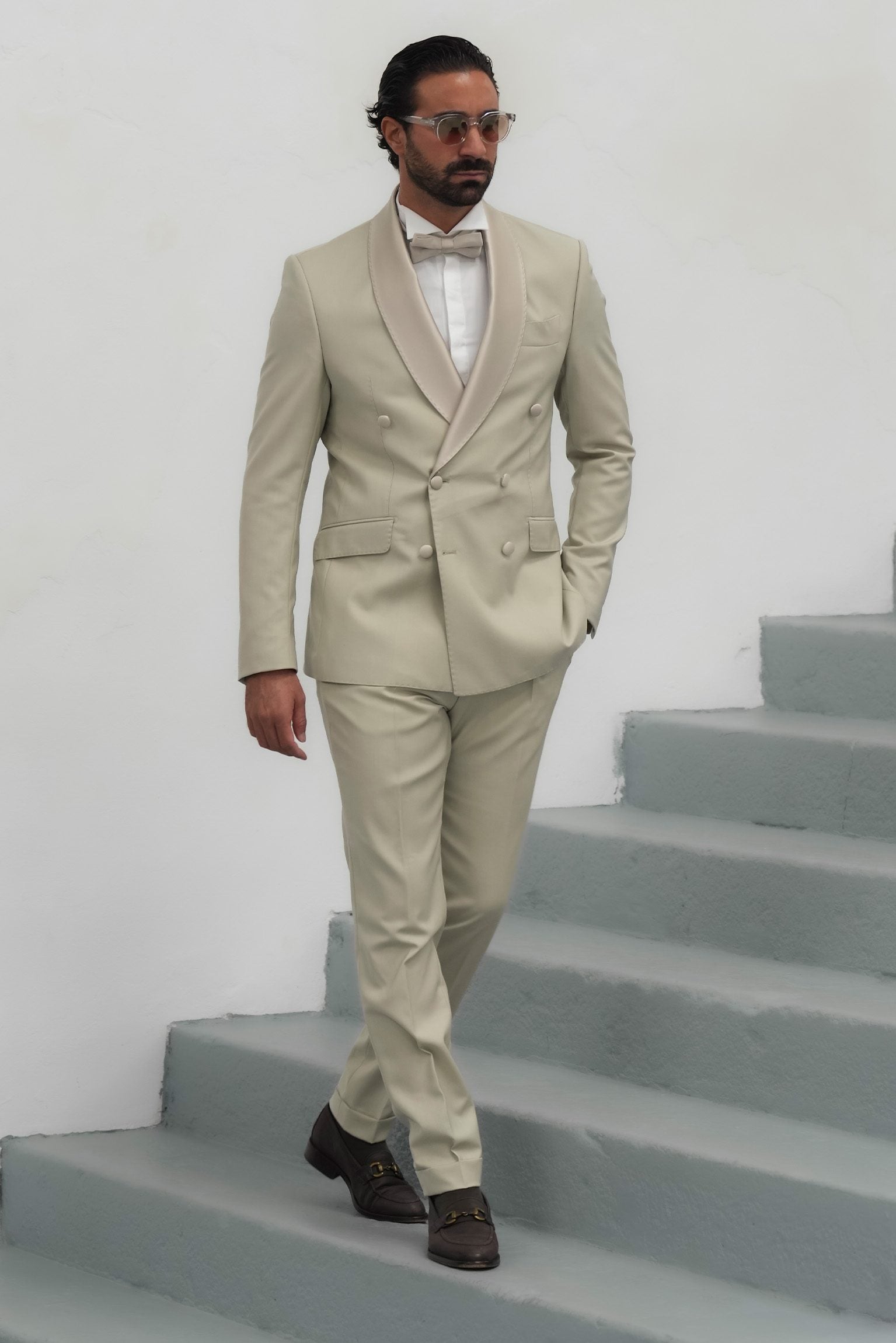 Cream Slim Fit Doppelreihiger Smoking-Anzug