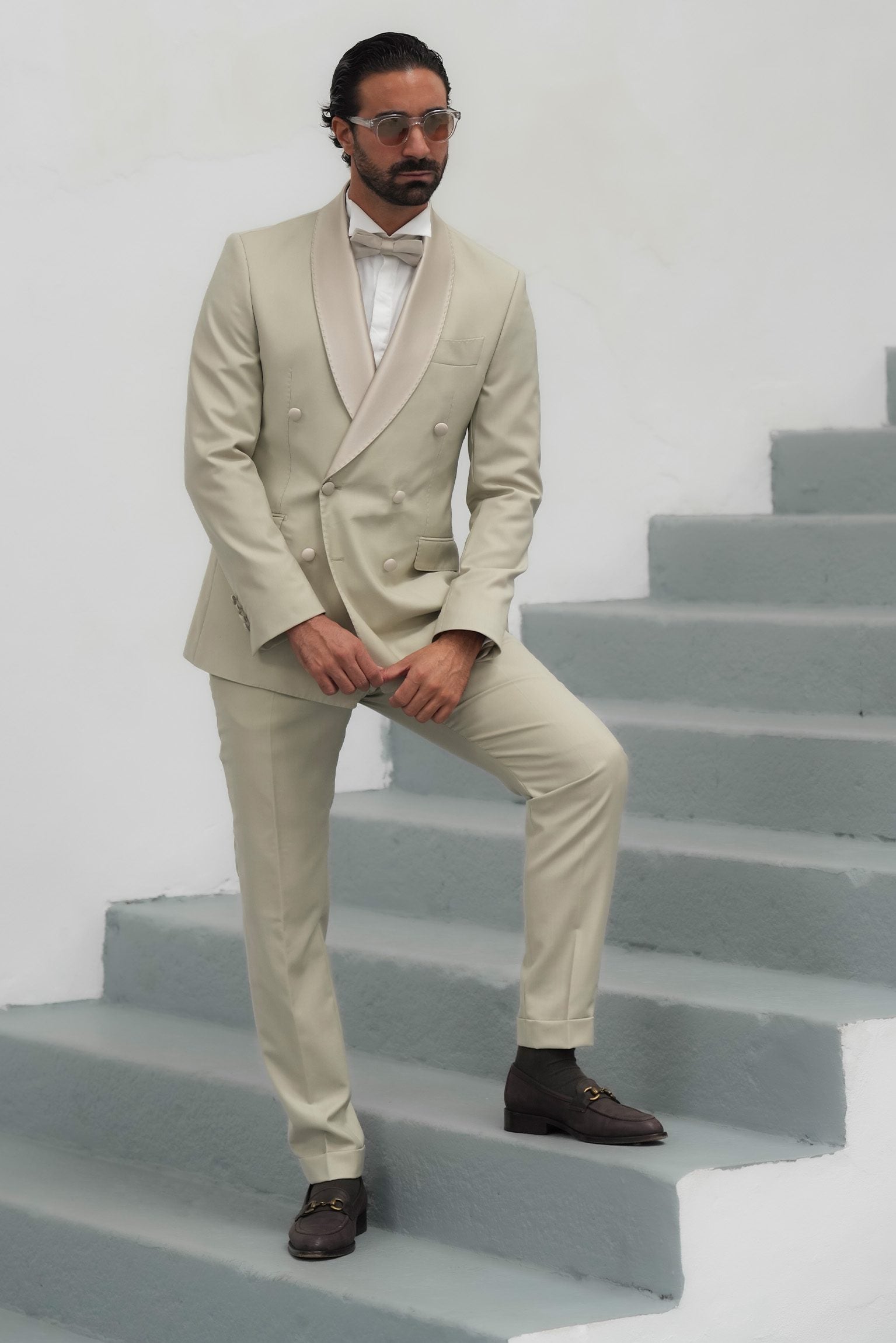 Cream Slim Fit Doppelreihiger Smoking-Anzug