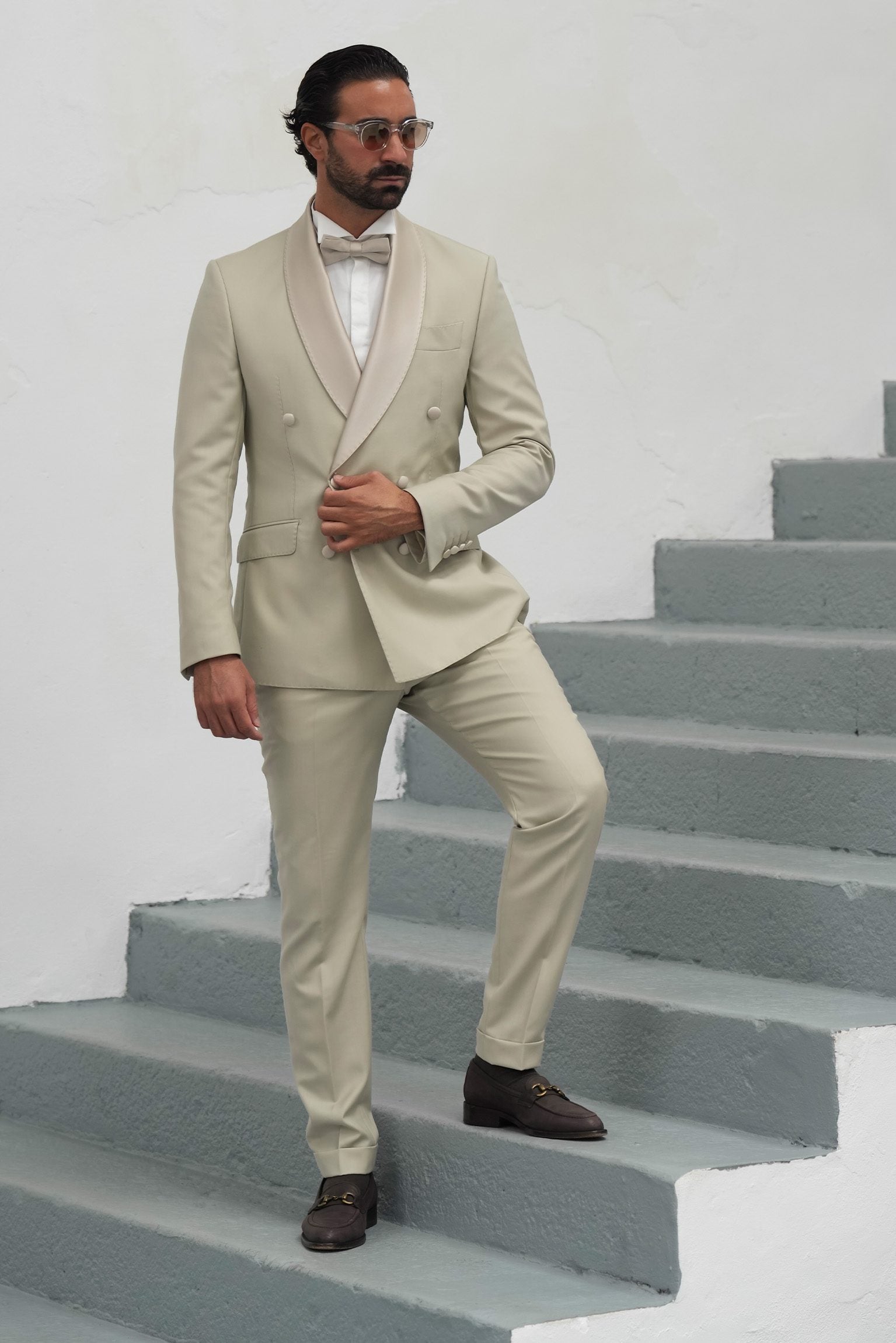 Cream Slim Fit Doppelreihiger Smoking-Anzug