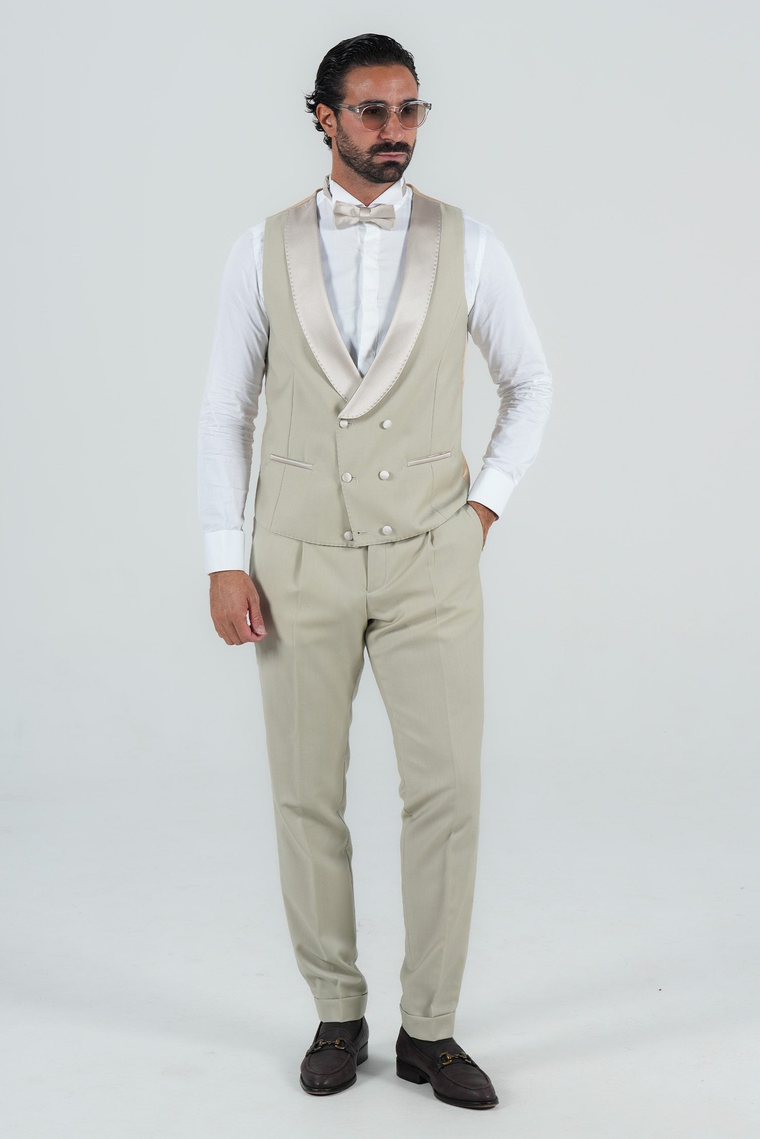 Cream Slim Fit Doppelreihiger Smoking-Anzug