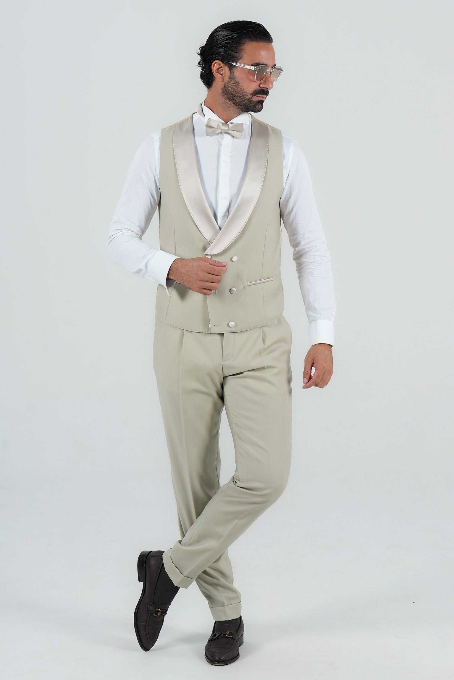 Cream Slim Fit Doppelreihiger Smoking-Anzug
