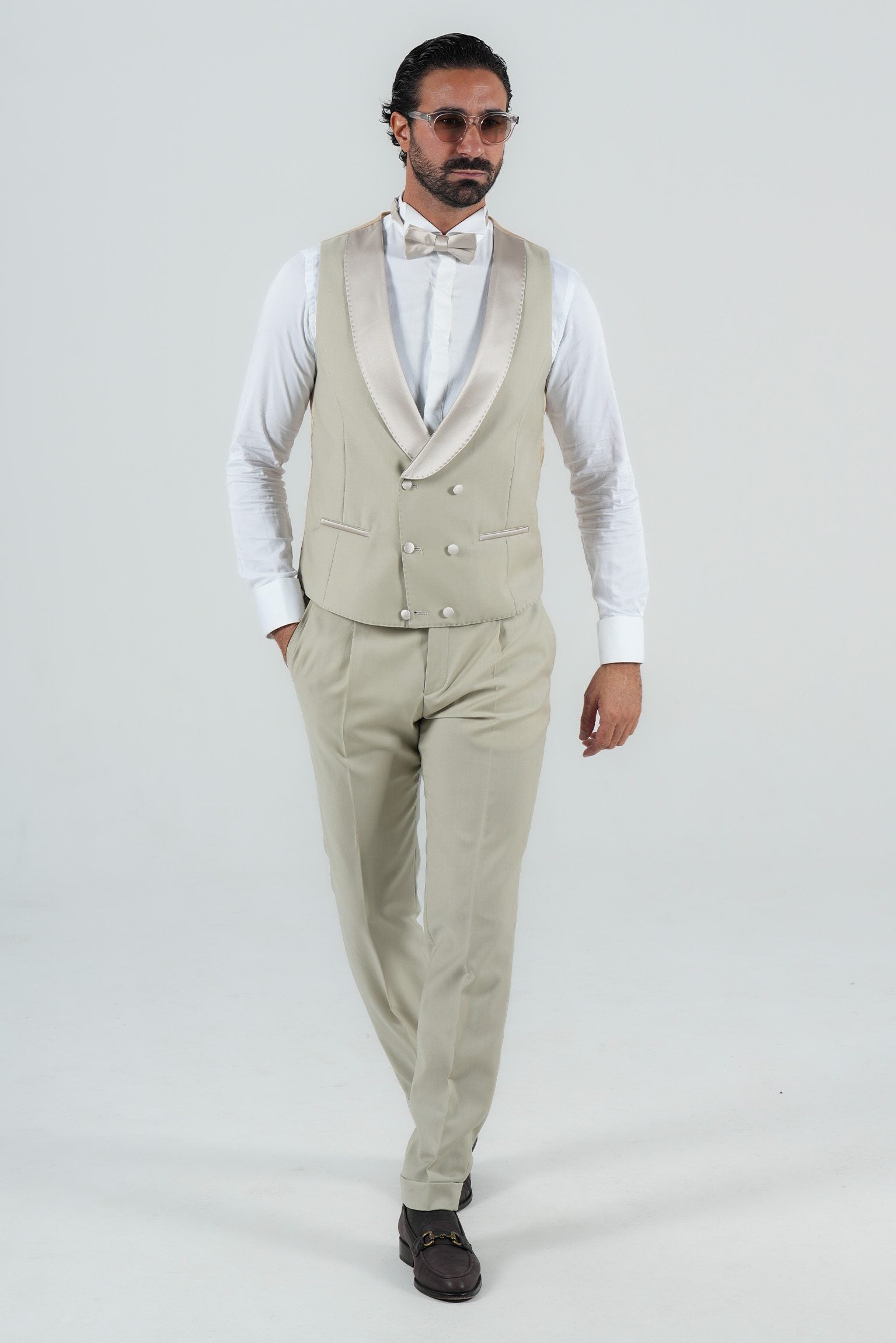 Cream Slim Fit Doppelreihiger Smoking-Anzug
