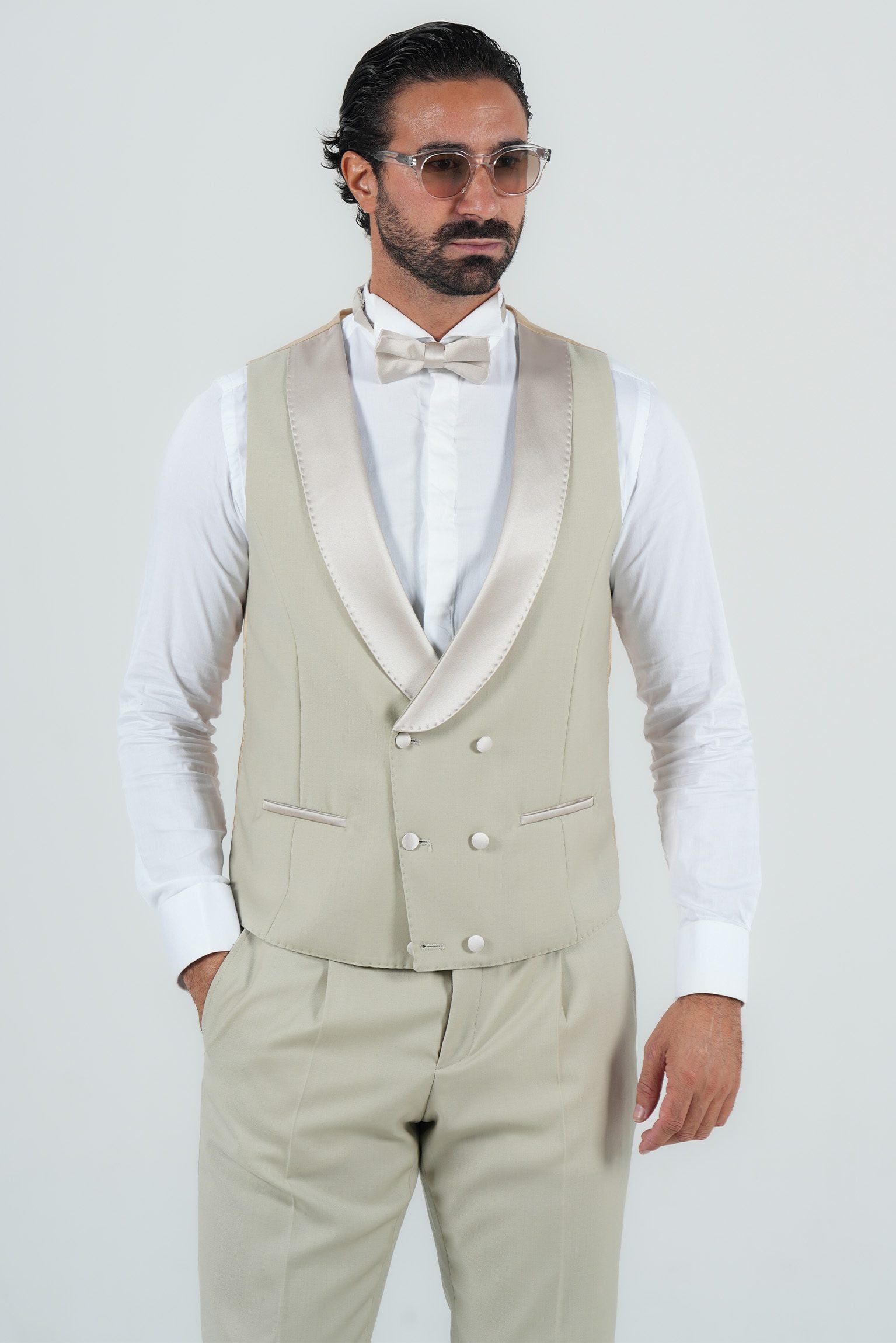 Cream Slim Fit Doppelreihiger Smoking-Anzug