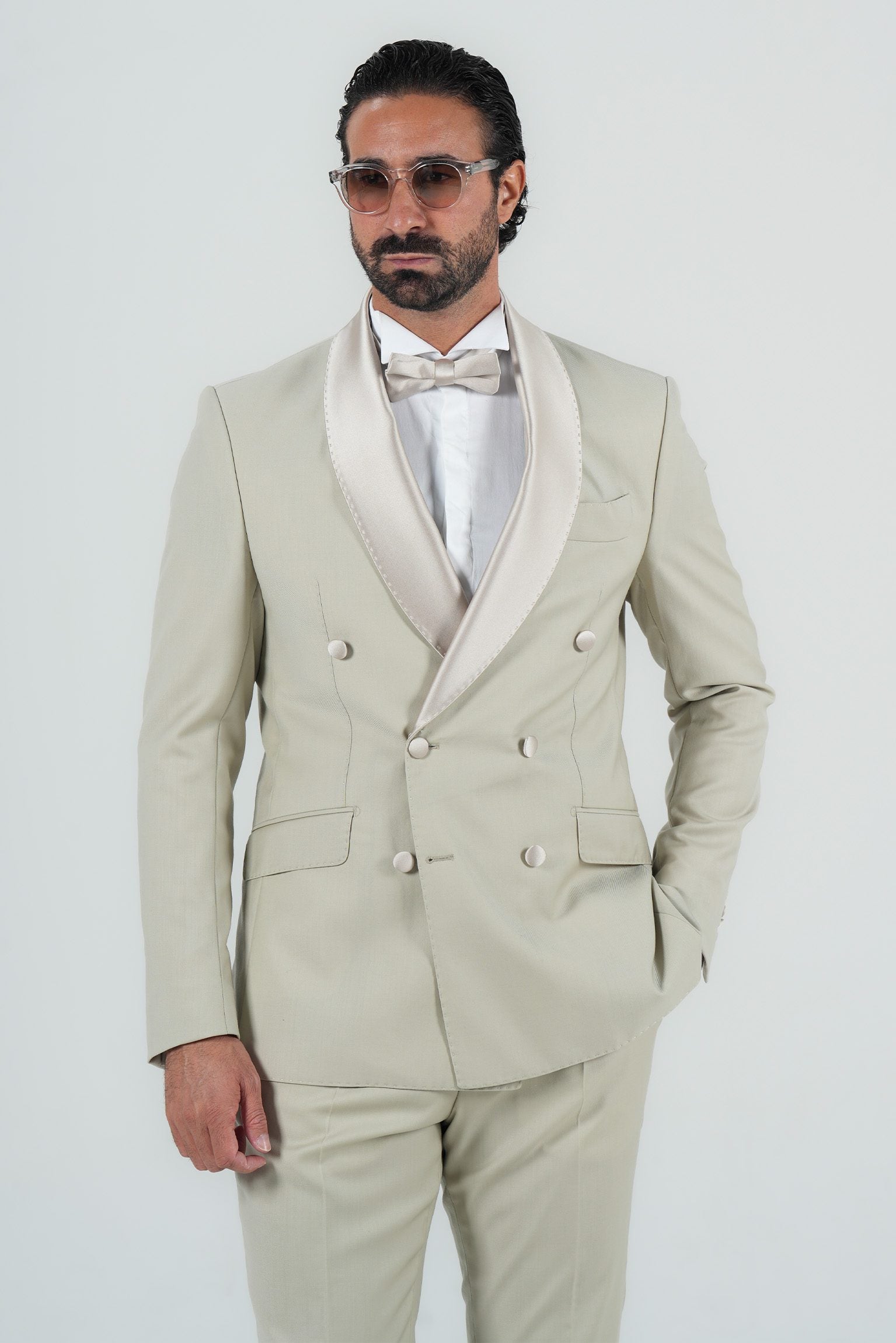 Cream Slim Fit Doppelreihiger Smoking-Anzug
